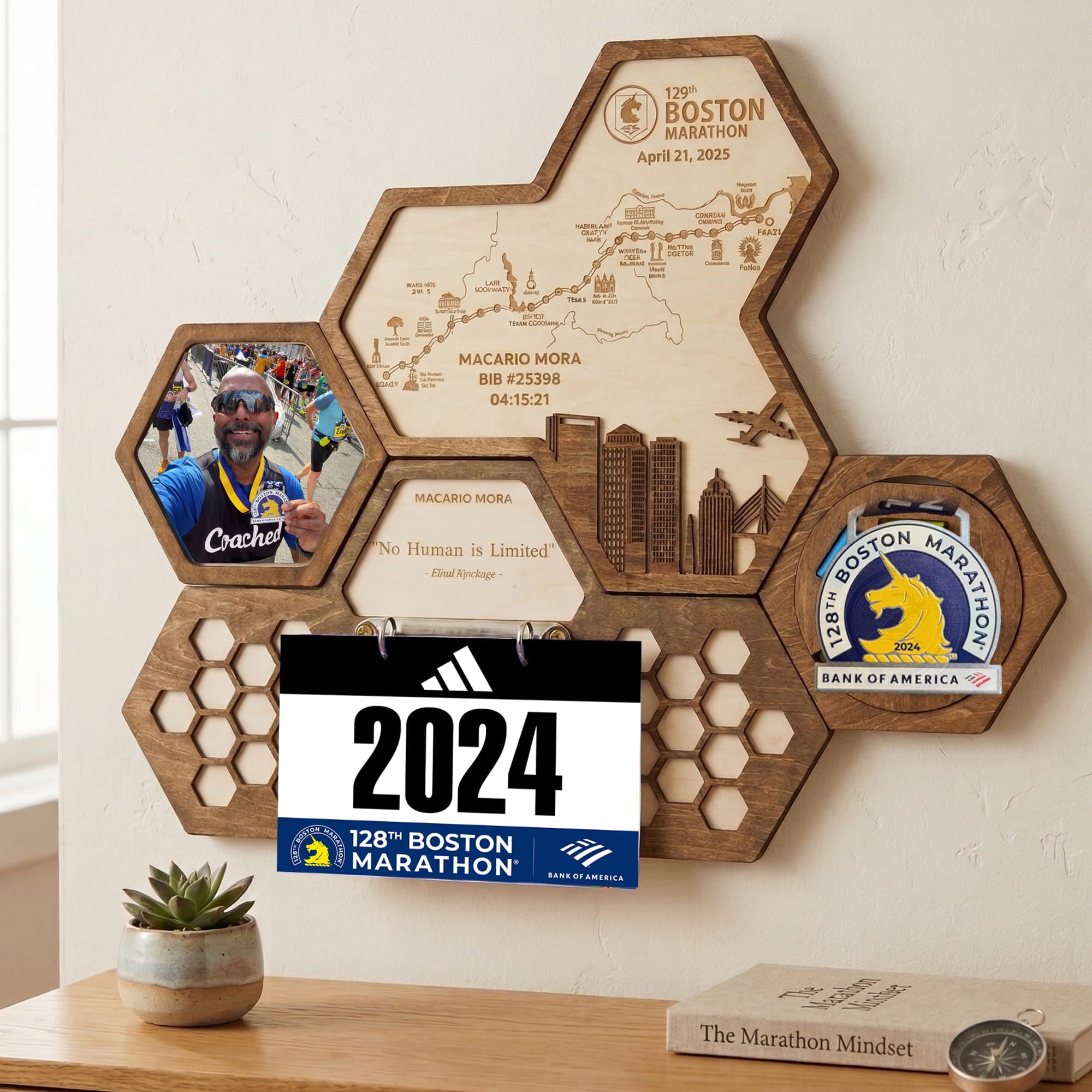 Boston Marathon Hexagon Wooden Medal Hanger – World Marathon Majors Medal Display