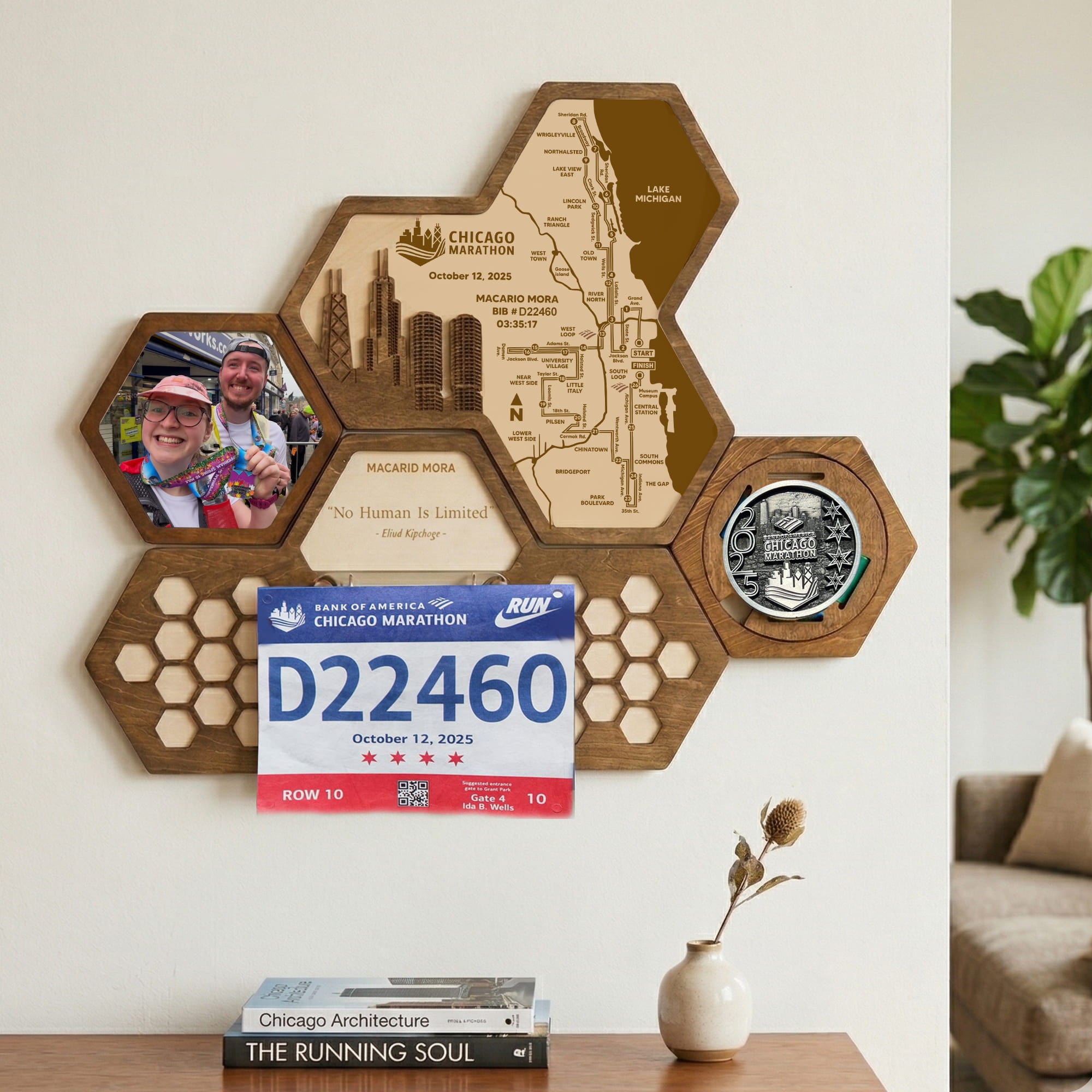 Chicago Marathon Hexagon Wooden Medal Hanger – World Marathon Majors Running Medal Display for Runners