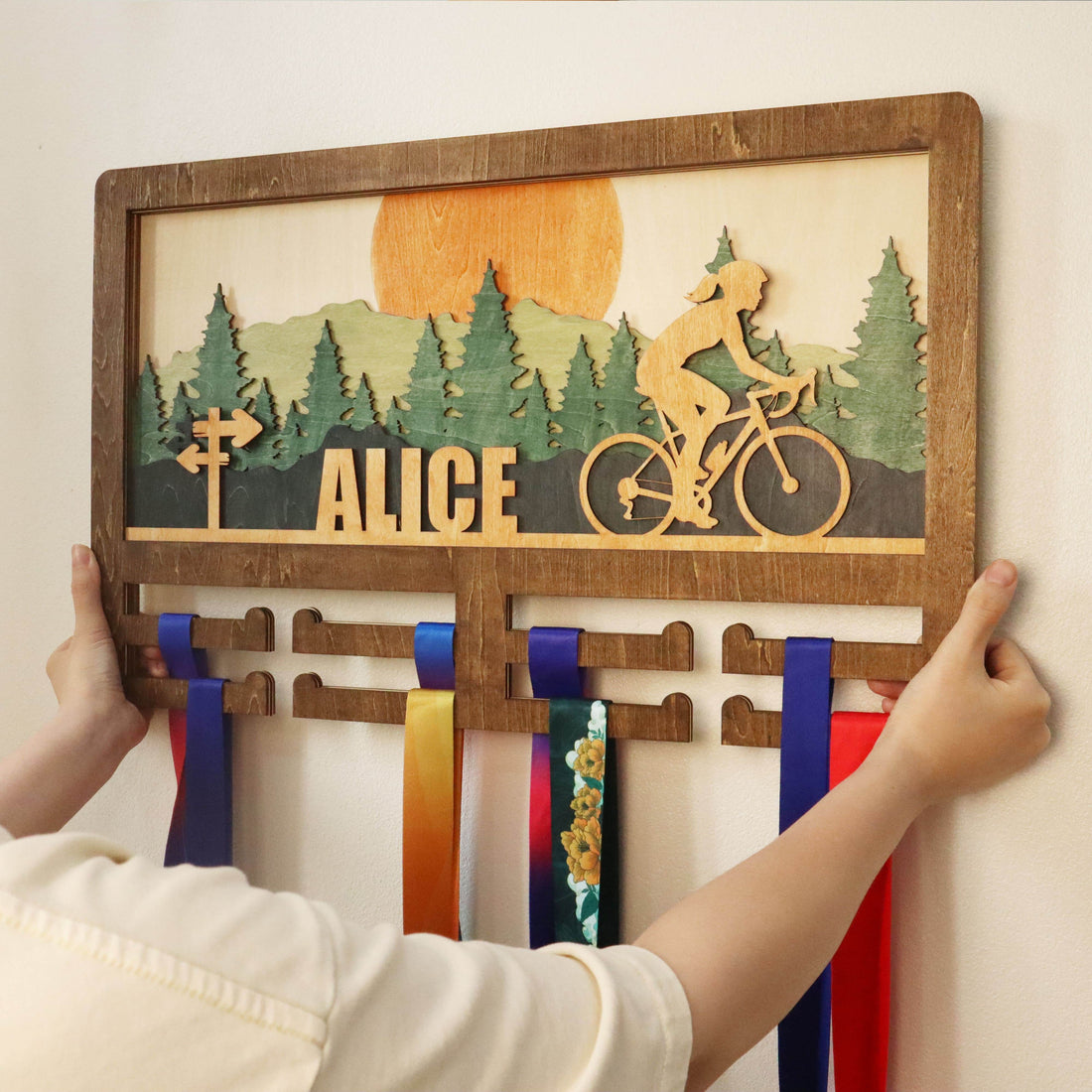 Custom Bicycle Medal Holder – Wooden Medal Display Rack with Name for Cyclists , ChampionHanger hiking gifts - Champion Hanger