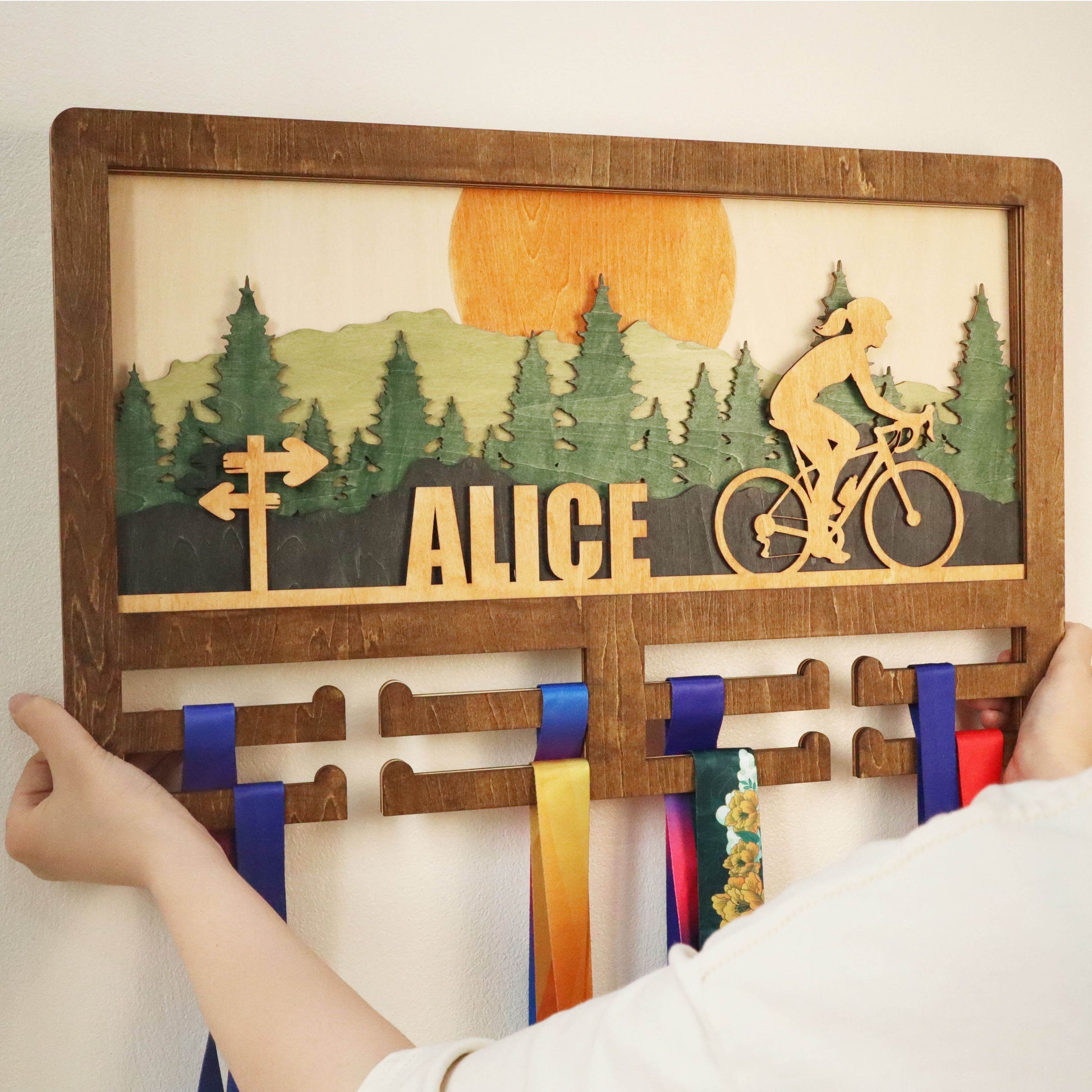 Custom Bicycle Medal Holder – Wooden Medal Display Rack with Name for Cyclists , ChampionHanger hiking gifts - Champion Hanger