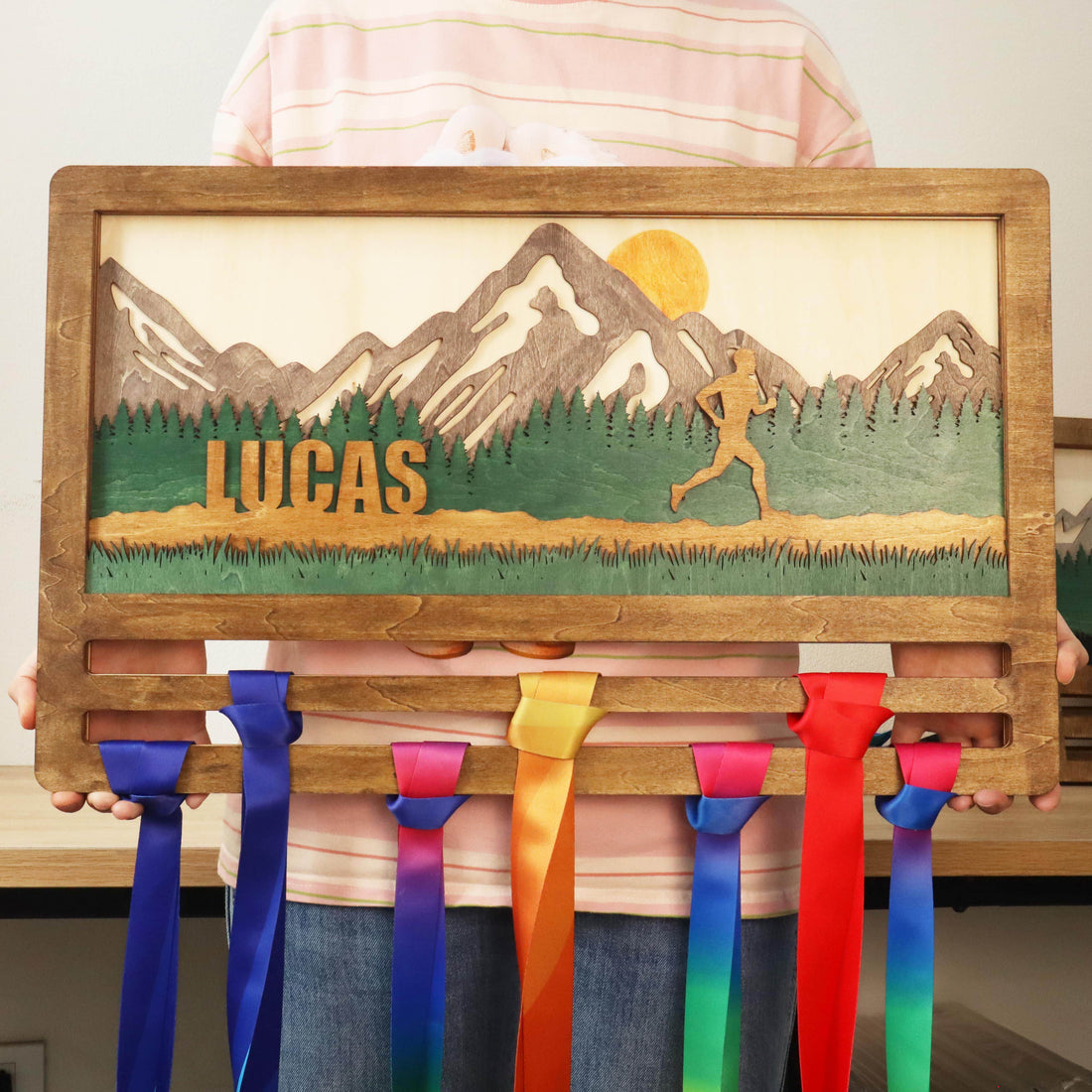 Custom Runner Medal hanger – Wooden Mountain Forest Medal Holder with Name , ChampionHanger running gifts - Champion Hanger