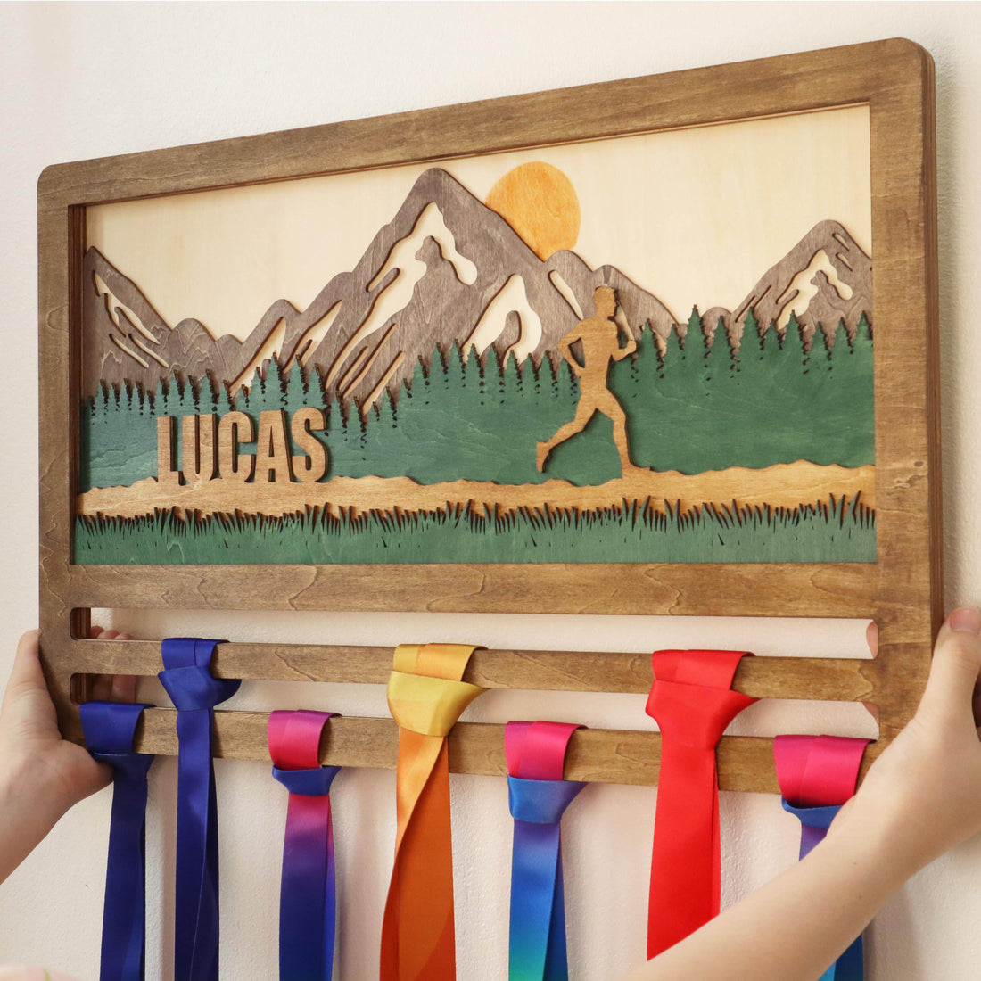 Custom Runner Medal hanger – Wooden Mountain Forest Medal Holder with Name , ChampionHanger running gifts - Champion Hanger