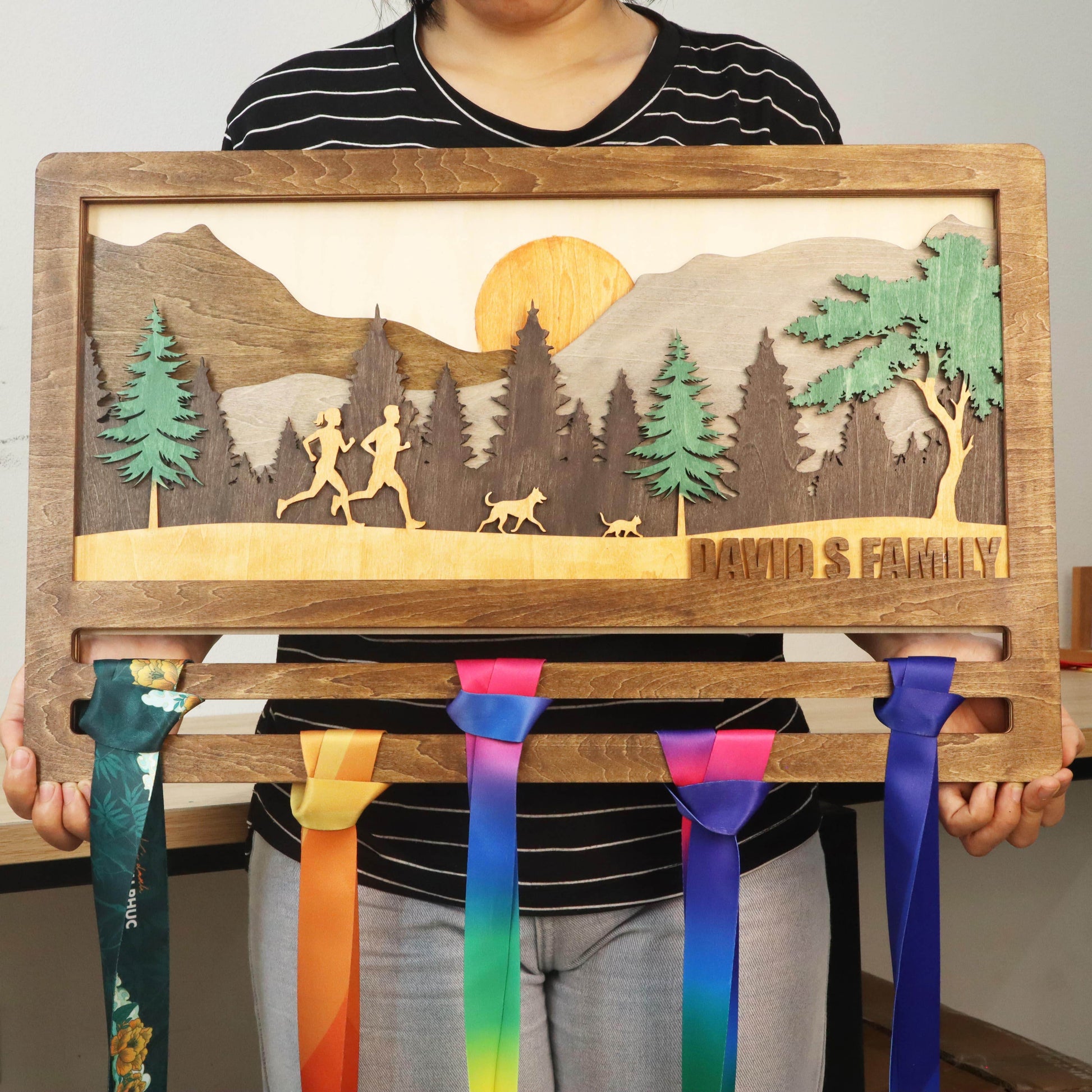 Custom Running Family Medal hanger – Wooden Medal Display Rack with Name for Runner , ChampionHanger hiking gifts - Champion Hanger