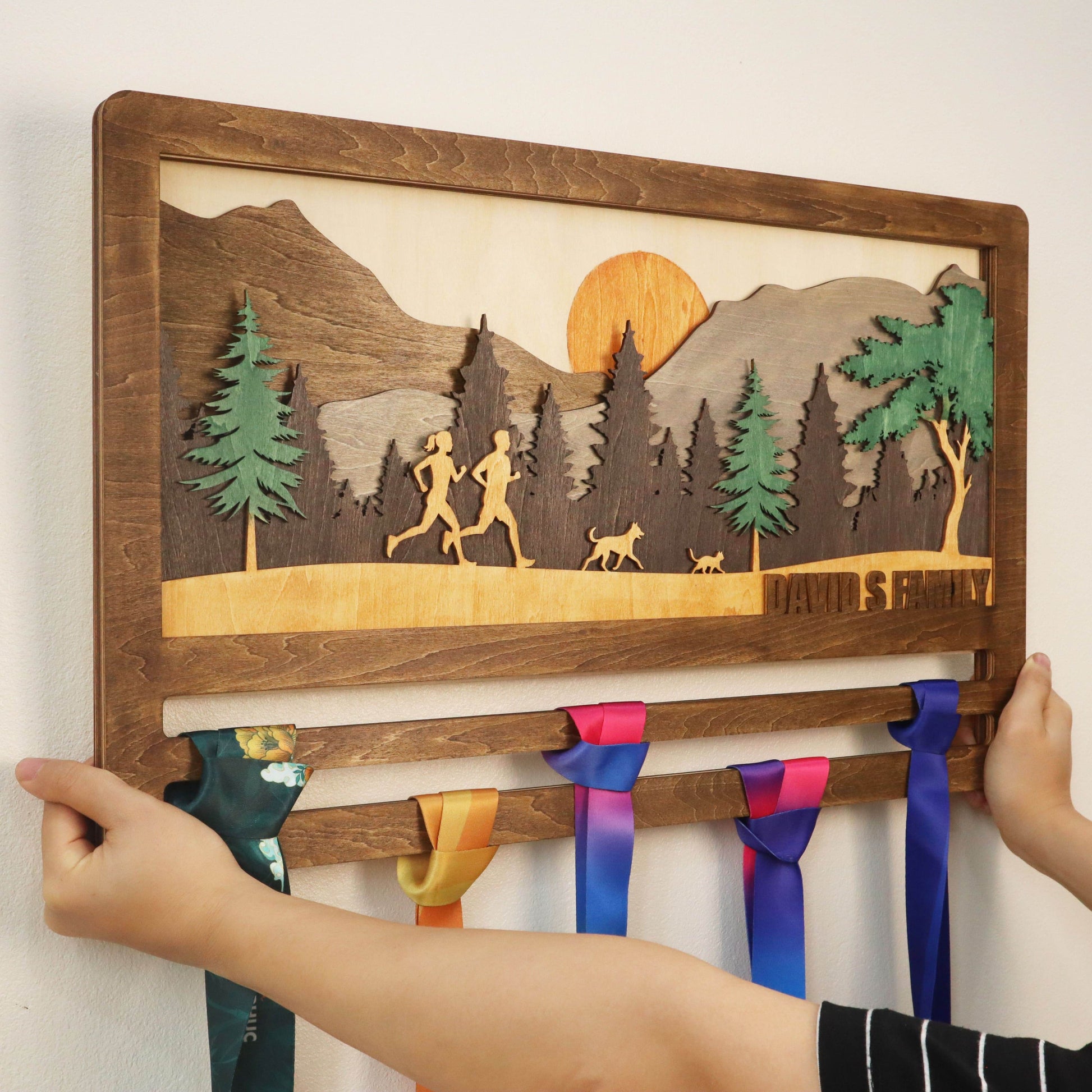 Custom Running Family Medal hanger – Wooden Medal Display Rack with Name for Runner , ChampionHanger hiking gifts - Champion Hanger
