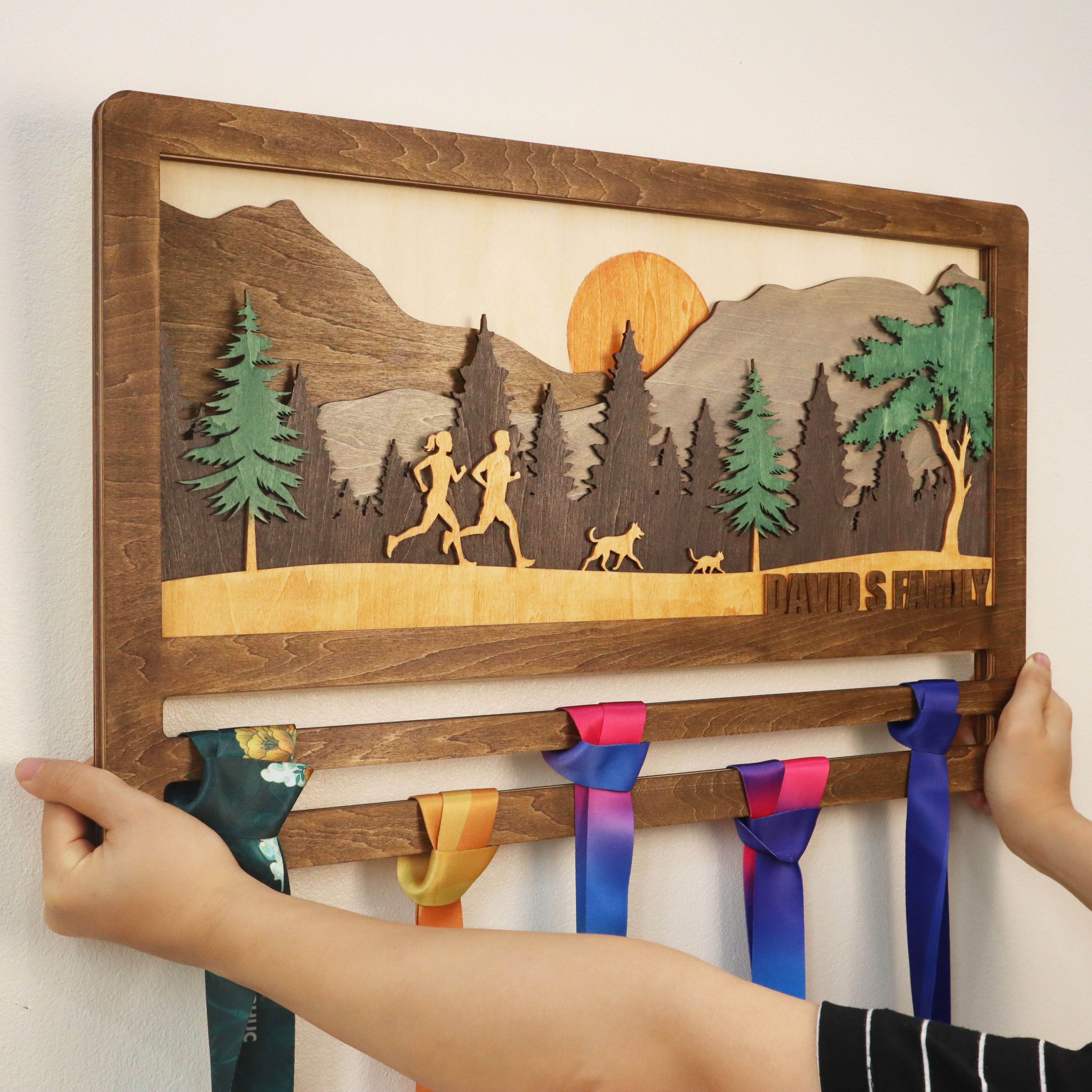 Custom Running Family Medal hanger – Wooden Medal Display Rack with Name for Runner , ChampionHanger hiking gifts - Champion Hanger