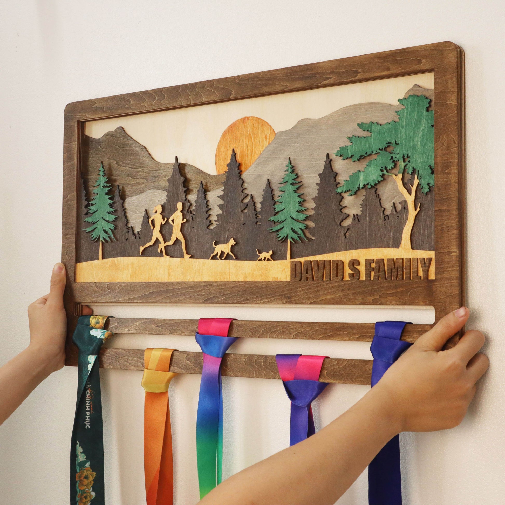 Custom Running Family Medal hanger – Wooden Medal Display Rack with Name for Runner , ChampionHanger hiking gifts - Champion Hanger