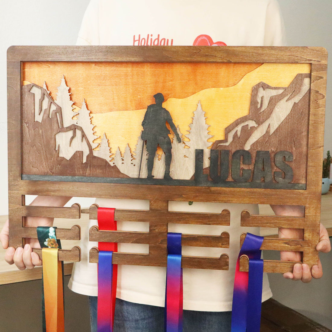 Hiking Medal Hanger – Personalized Wooden Wall Display Rack for Outdoor Adventure Achievements, ChampionHanger hiking gifts - Champion Hanger