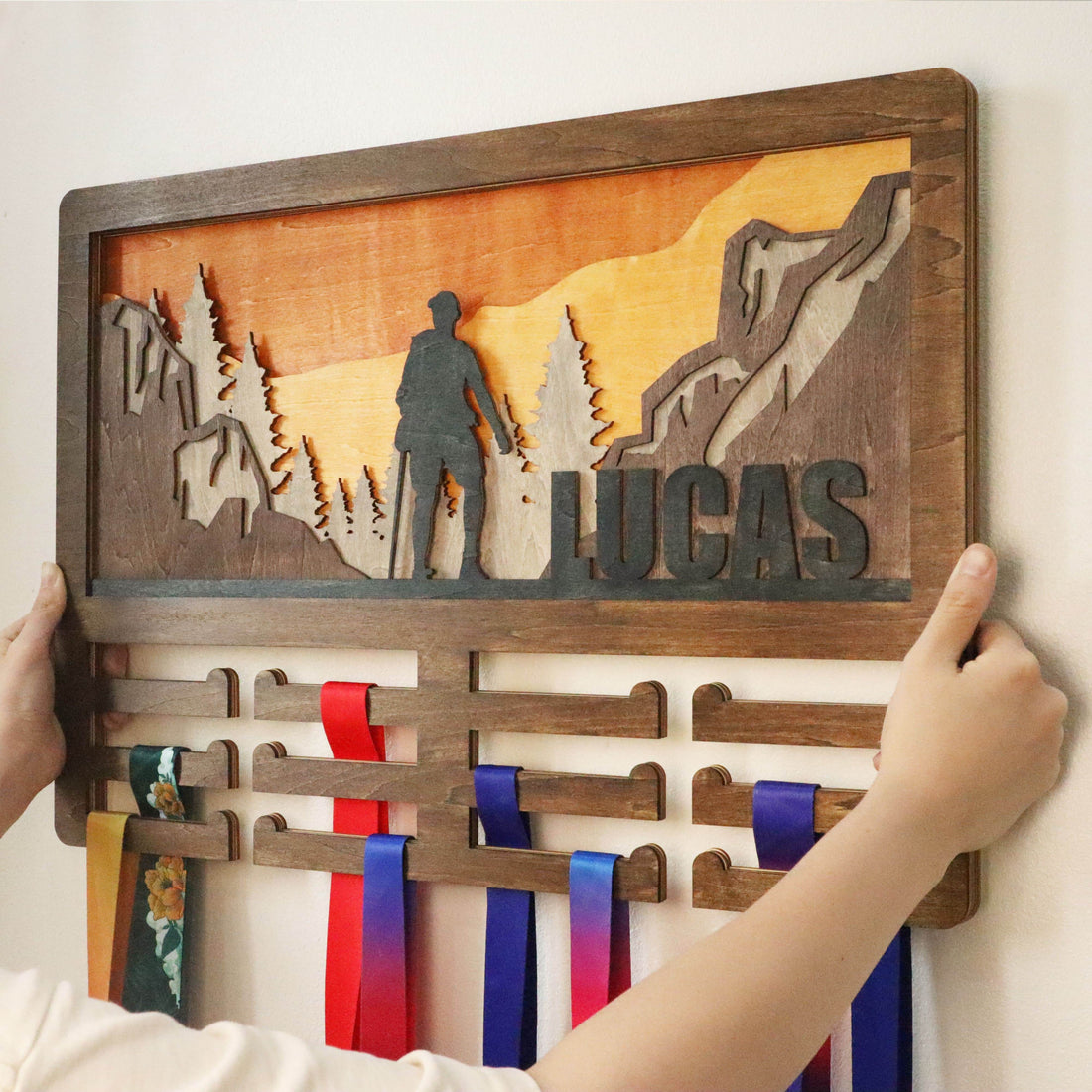 Hiking Medal Hanger – Personalized Wooden Wall Display Rack for Outdoor Adventure Achievements, ChampionHanger hiking gifts - Champion Hanger