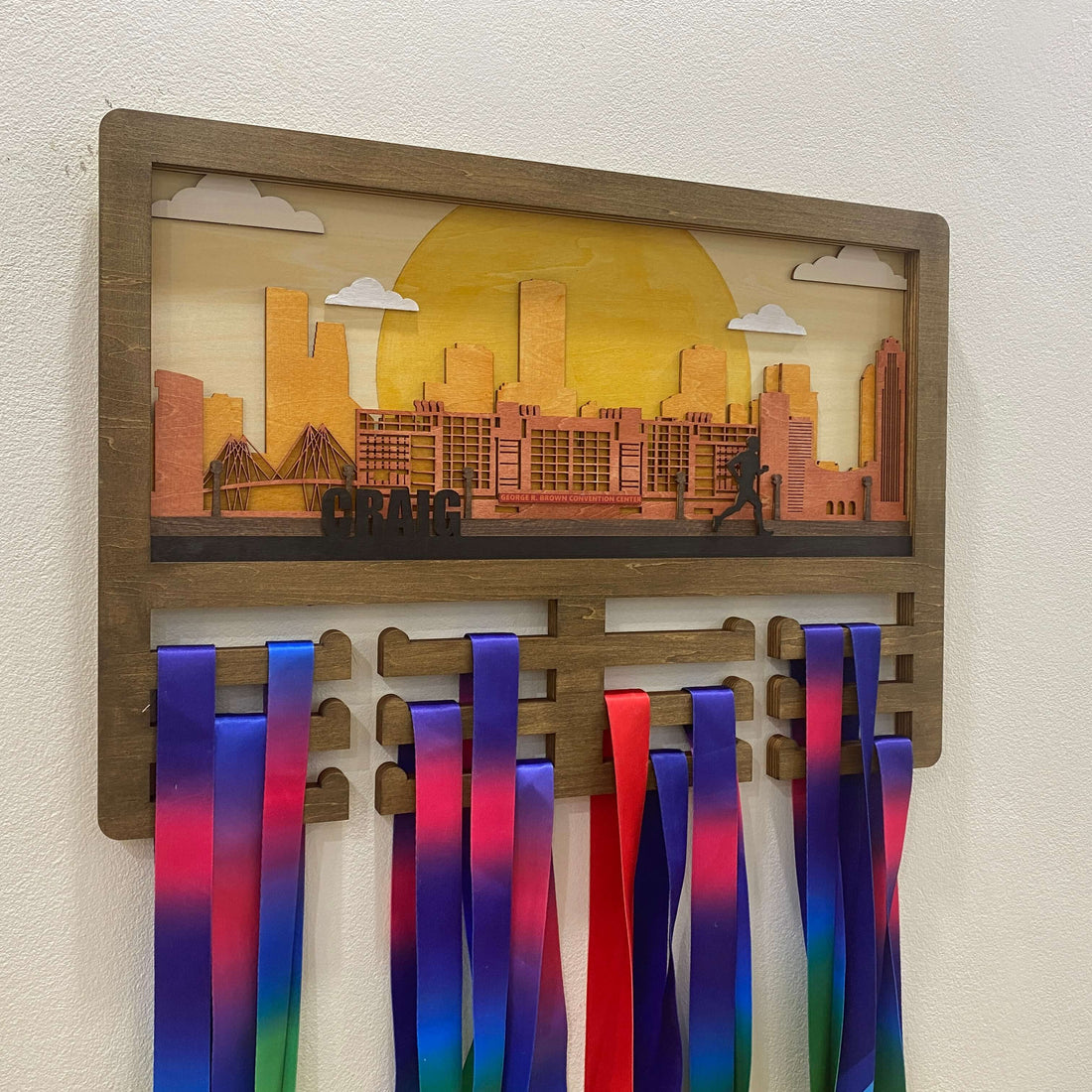 Personalized Wooden Medal Hanger with Houston Texas City Background – Custom Name Running Medal Holder | Championhanger