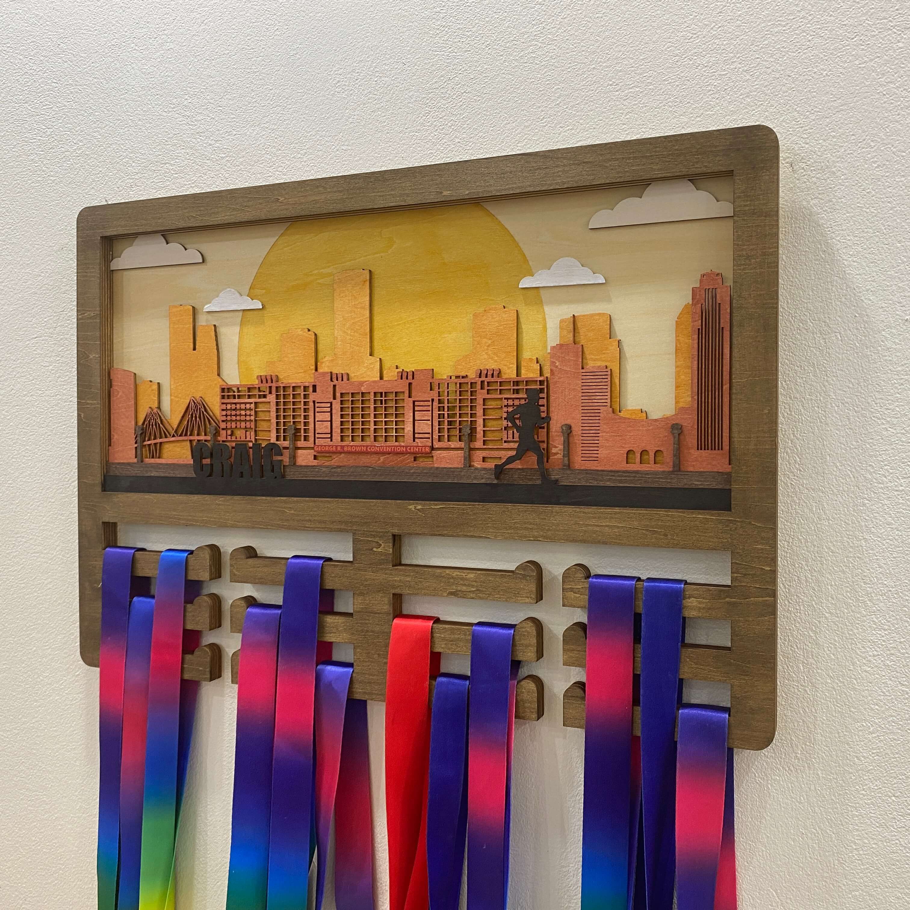 Personalized Wooden Medal Hanger with Houston Texas City Background – Custom Name Running Medal Holder | Championhanger