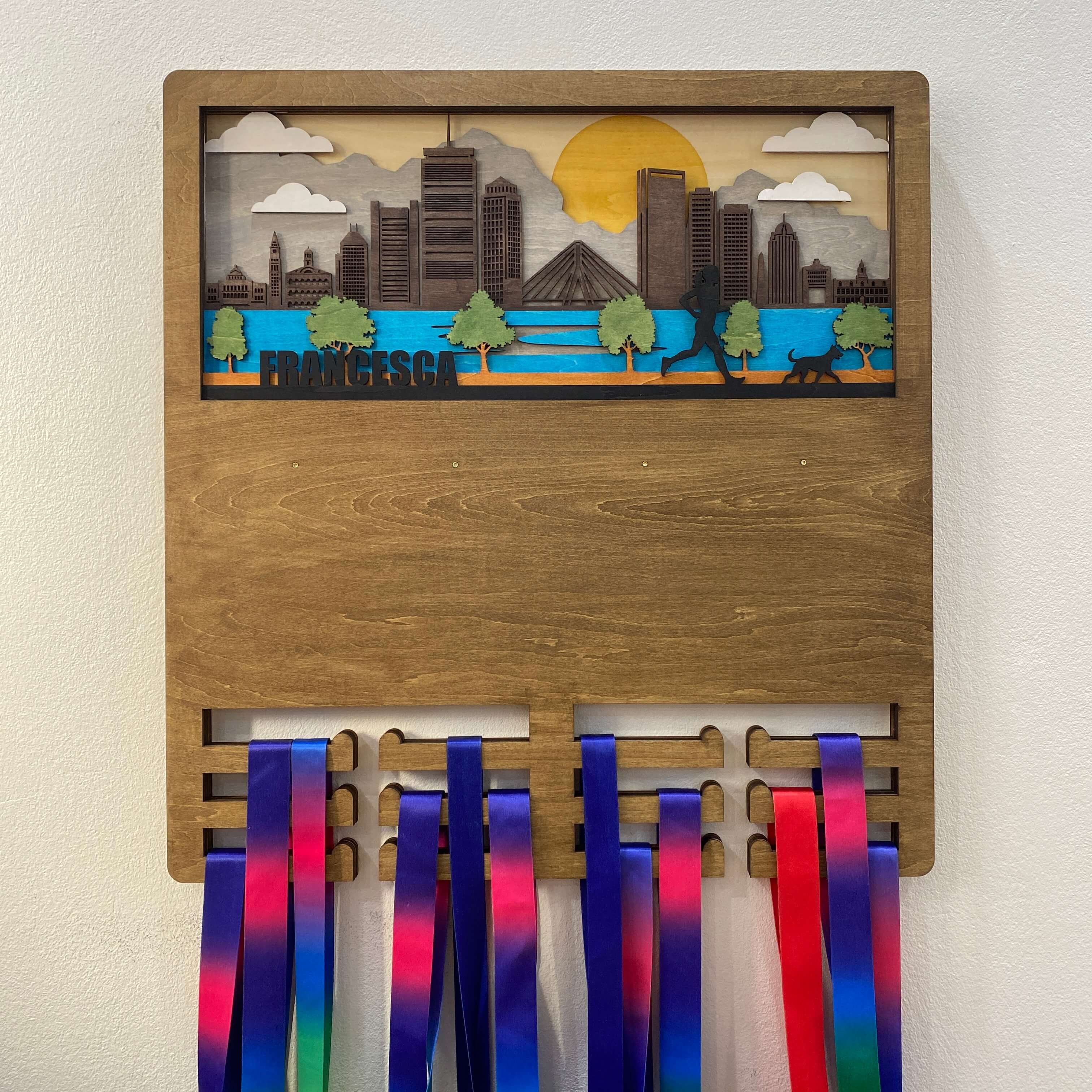 Personalized Wooden Medal Hanger – Boston Marathon City Design, Custom Name Running Medal Display | Championhanger