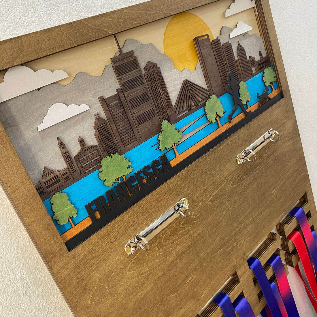 Personalized Wooden Medal Hanger – Boston Marathon City Design, Custom Name Running Medal Display | Championhanger