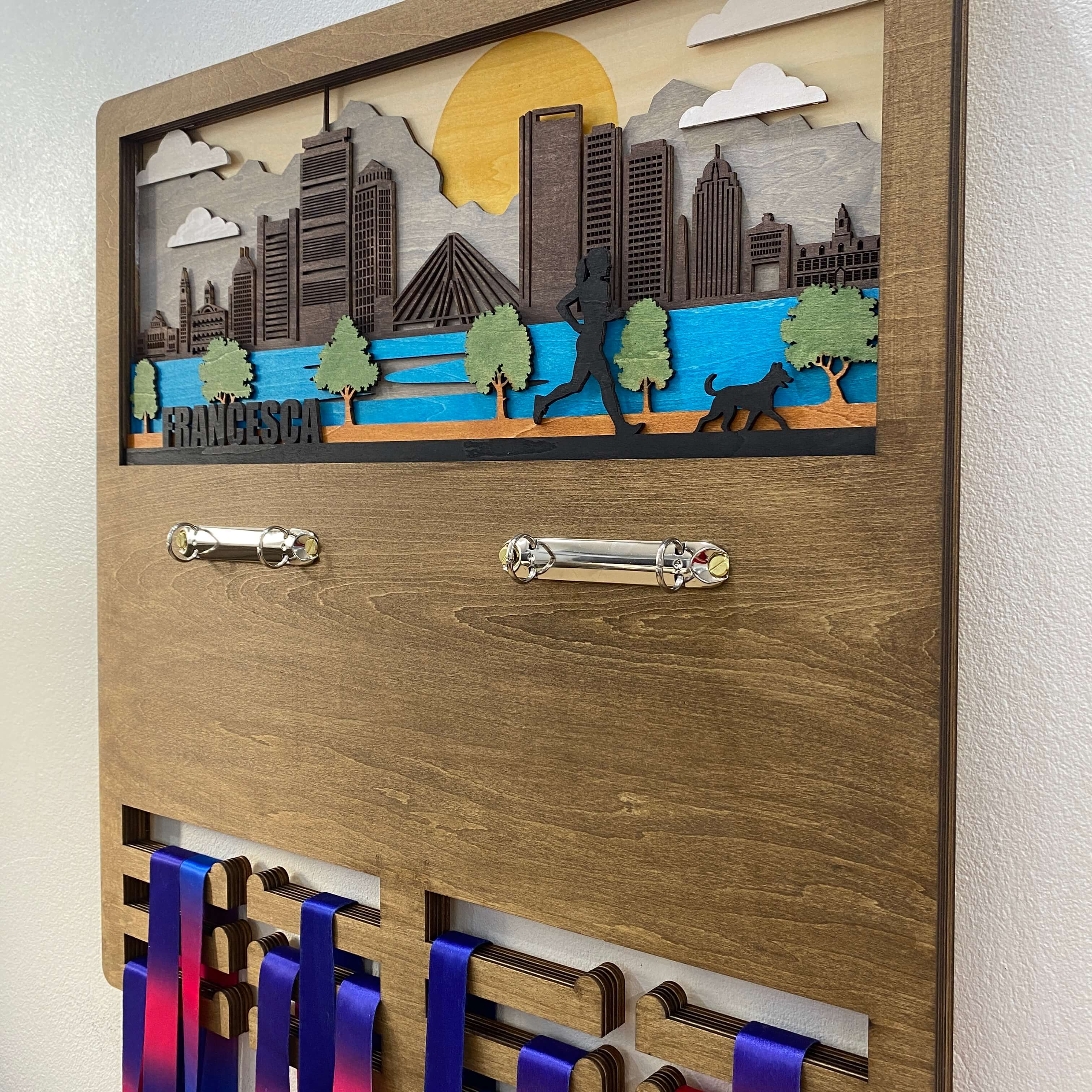 Personalized Wooden Medal Hanger – Boston Marathon City Design, Custom Name Running Medal Display | Championhanger