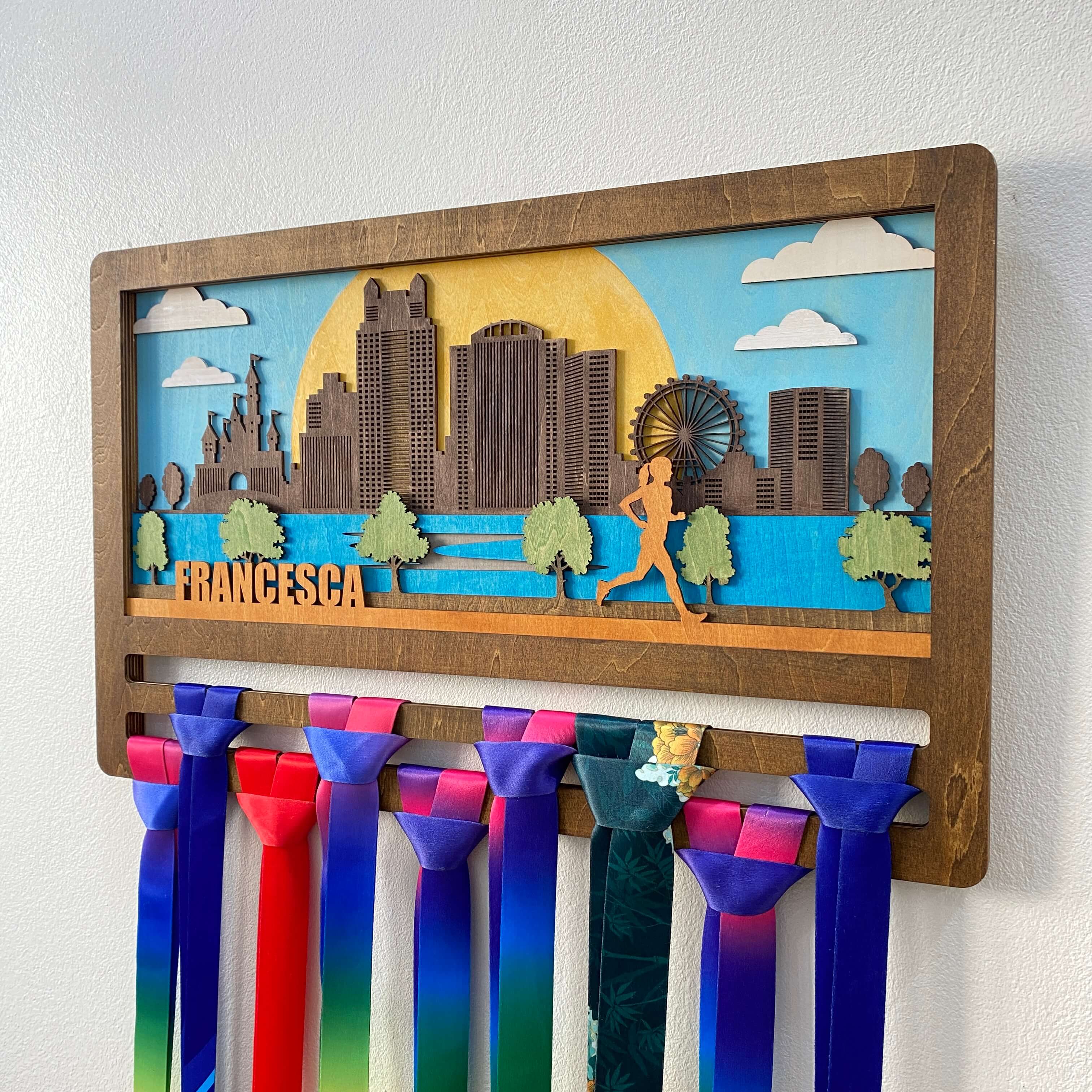 Personalized Wooden Running Medal Hanger – Orlando Florida City Design | Custom Name Gift for Runners | Championhanger