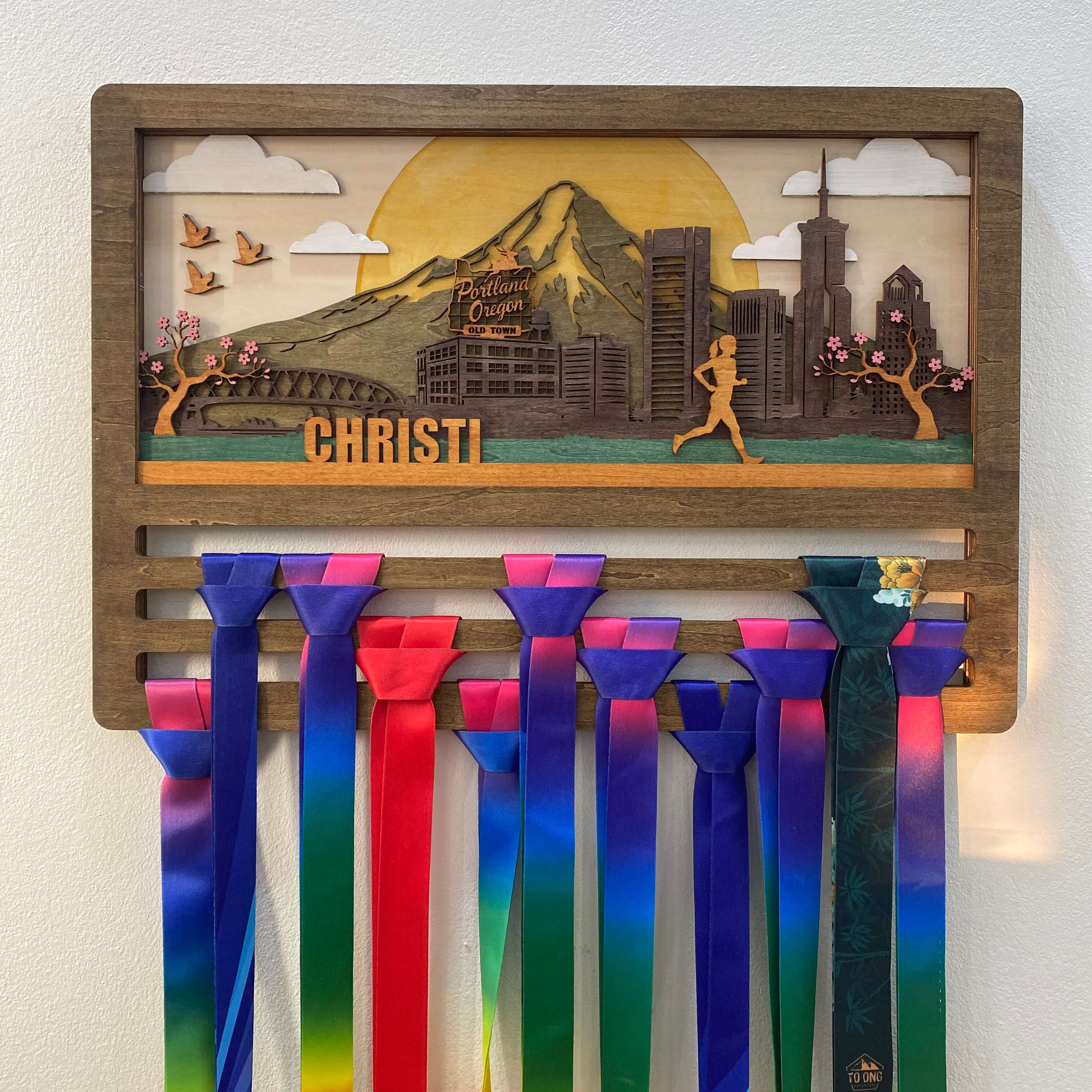 Personalized Wooden Medal Hanger – Portland Oregon City Design | Custom Name Running Medal Holder | Championhanger