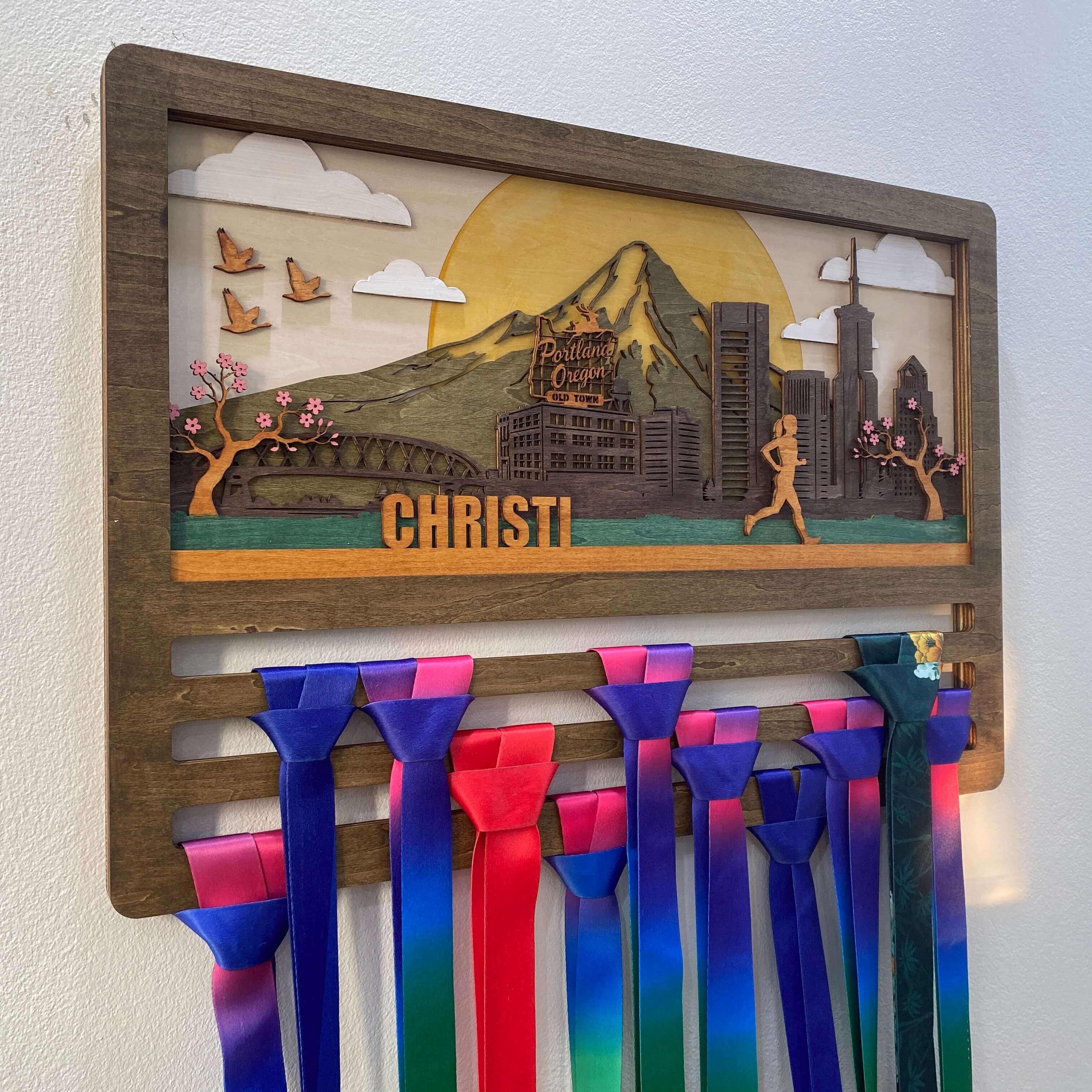 Personalized Wooden Medal Hanger – Portland Oregon City Design | Custom Name Running Medal Holder | Championhanger