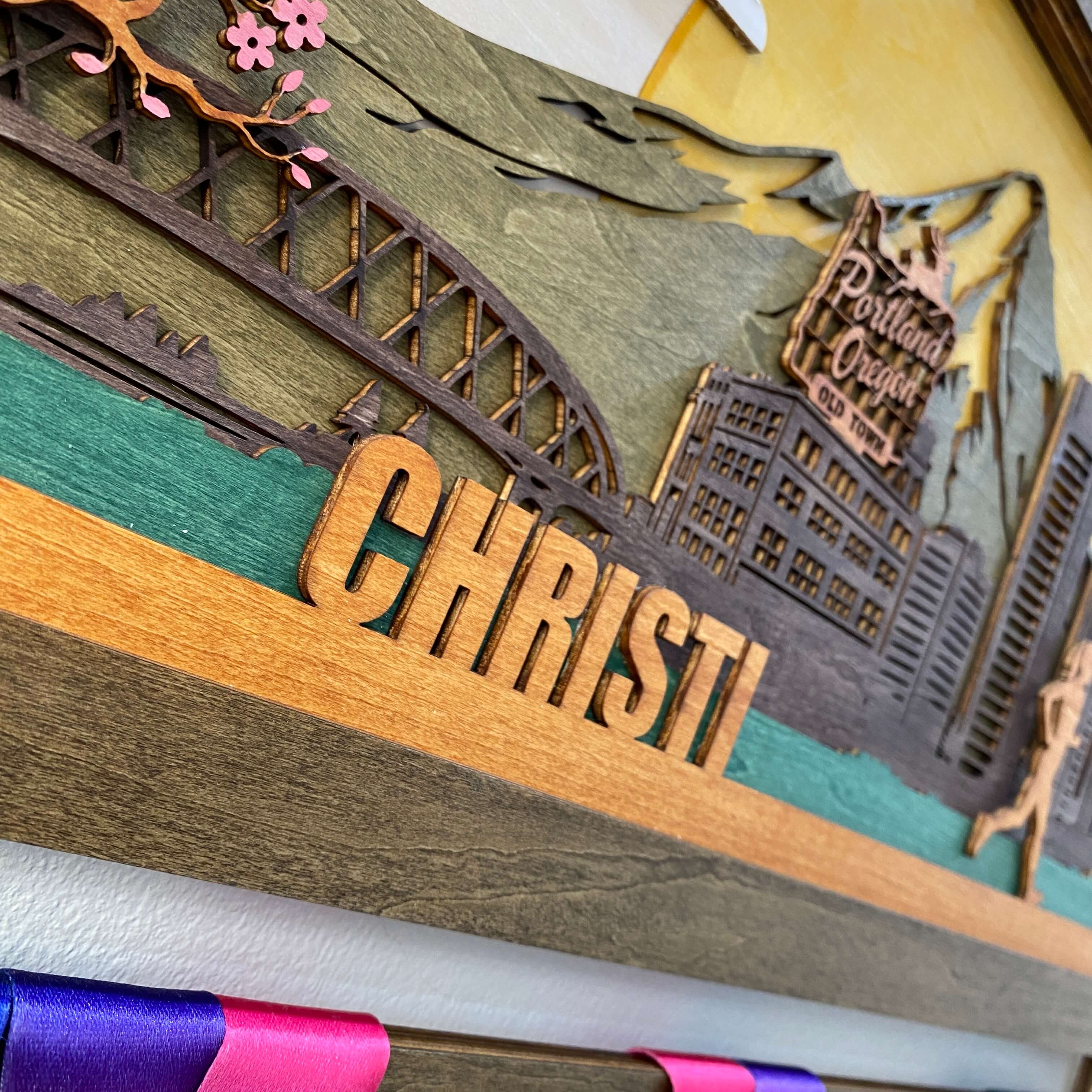 Personalized Wooden Medal Hanger – Portland Oregon City Design | Custom Name Running Medal Holder | Championhanger