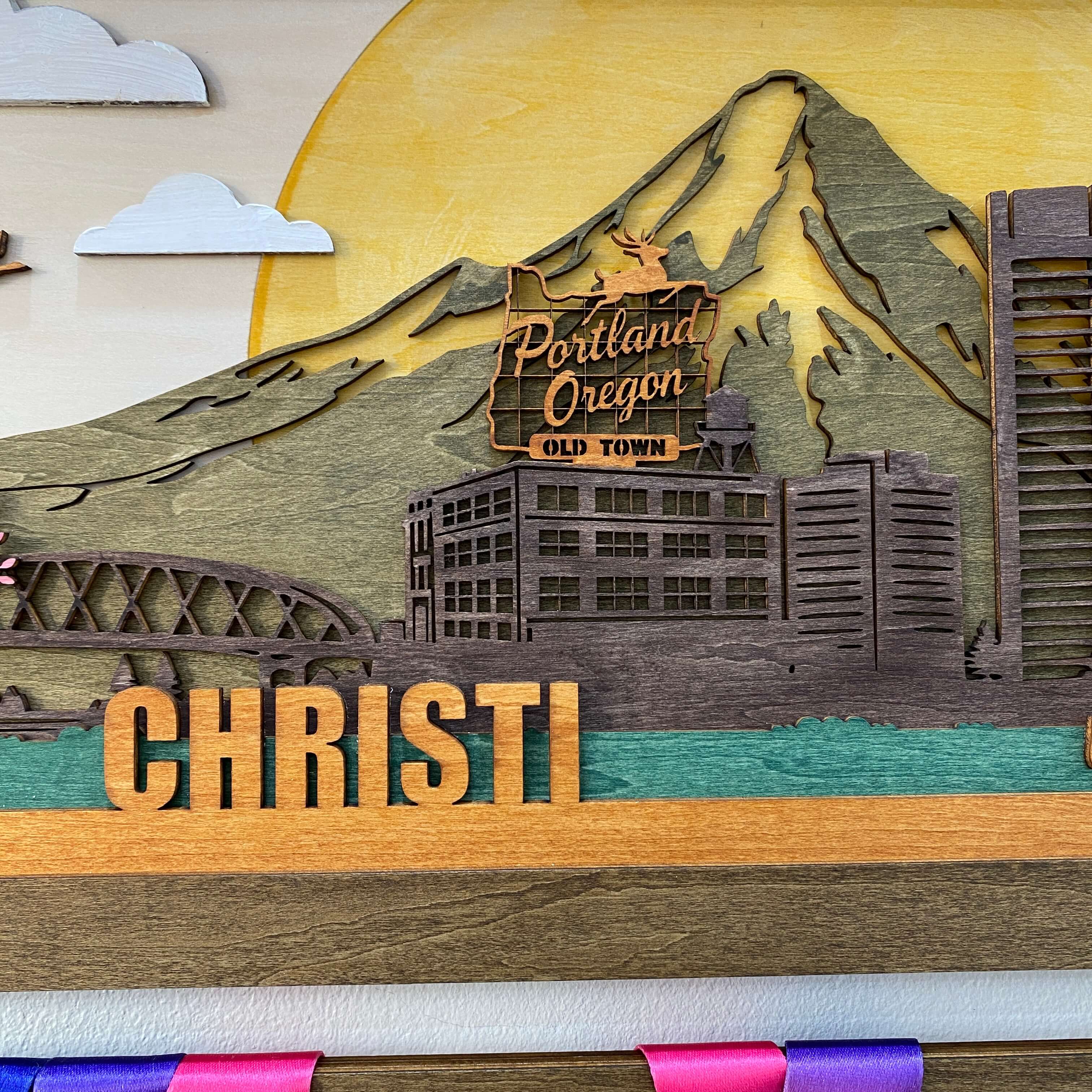 Personalized Wooden Medal Hanger – Portland Oregon City Design | Custom Name Running Medal Holder | Championhanger