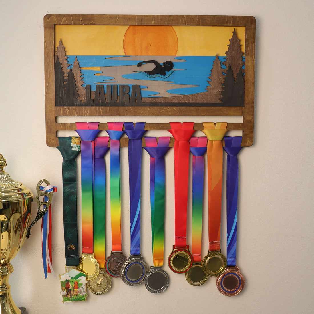Personalized Swimming Medal Holder – Custom Medal Display Rack for Swimmers – Champion Hanger Gifts - Champion Hanger