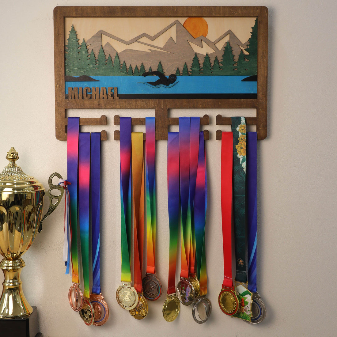 Personalized Swimming Medal Holder – Custom Medal Display Rack for Swimmers – Champion Hanger Gifts - Champion Hanger