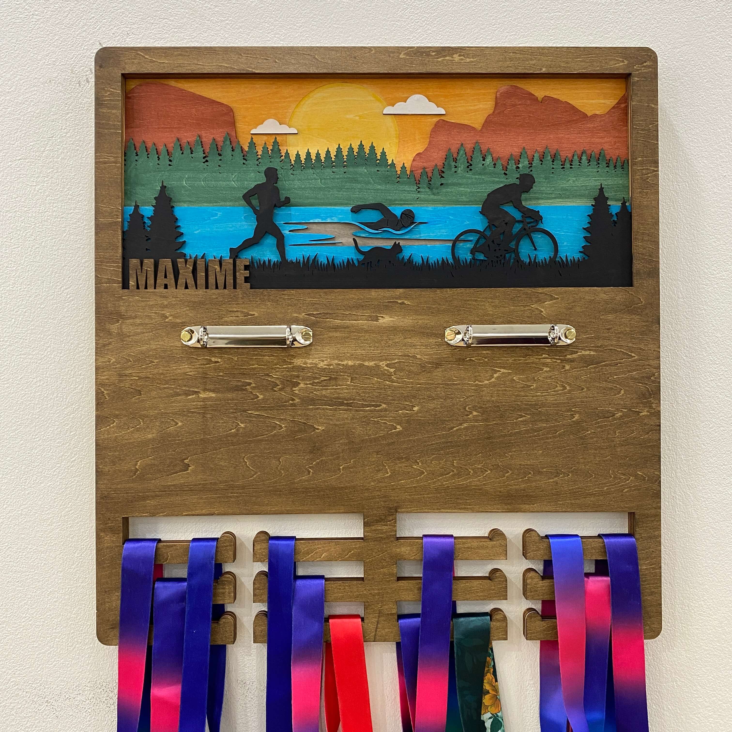 Personalized Wooden Triathlon Medal Hanger with Custom Name | Swim Bike Run Medal Display | Championhanger