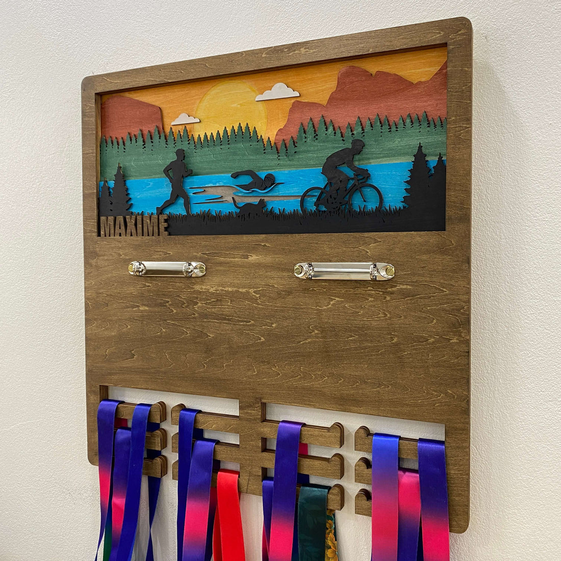 Personalized Wooden Triathlon Medal Hanger with Custom Name | Swim Bike Run Medal Display | Championhanger