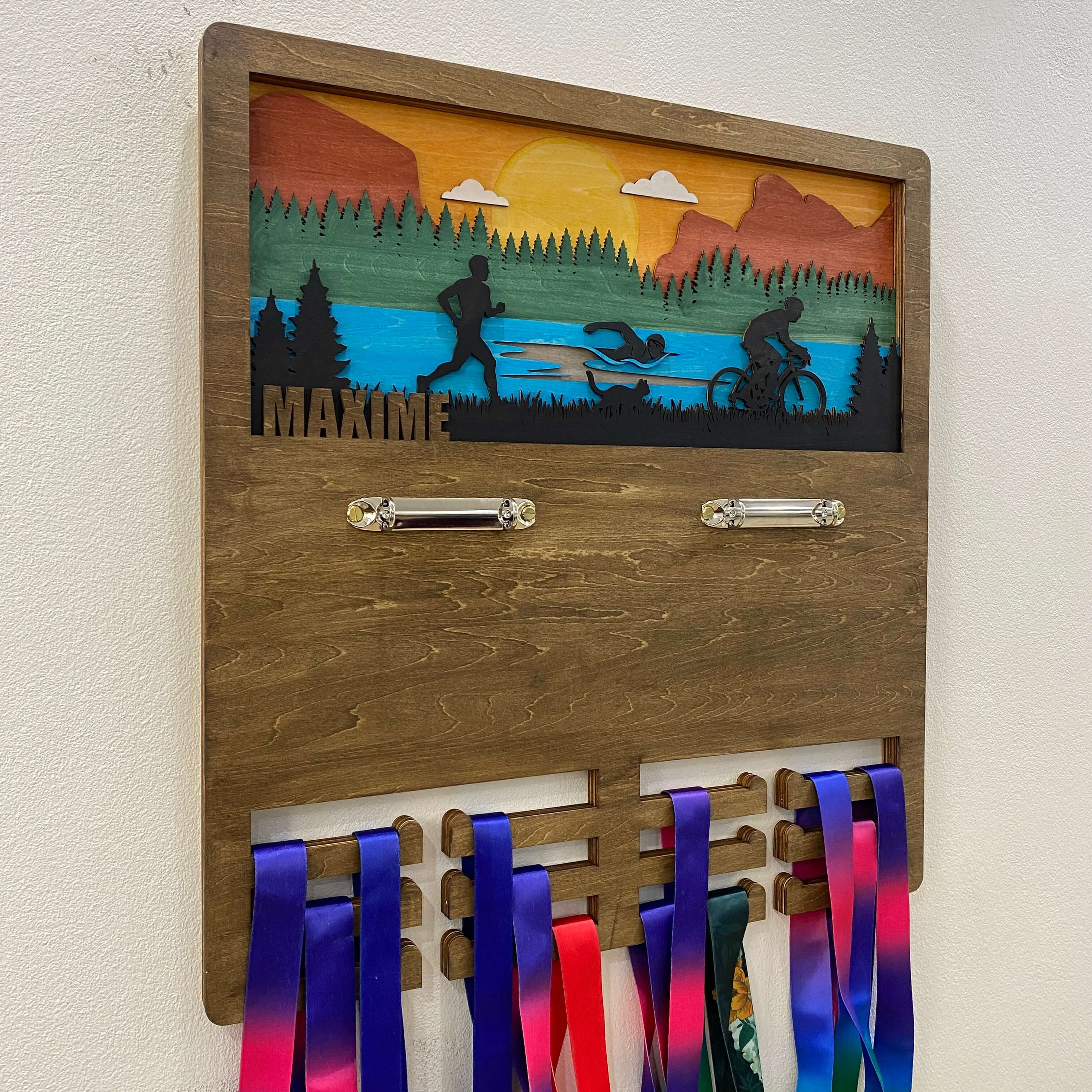 Personalized Wooden Triathlon Medal Hanger with Custom Name | Swim Bike Run Medal Display | Championhanger