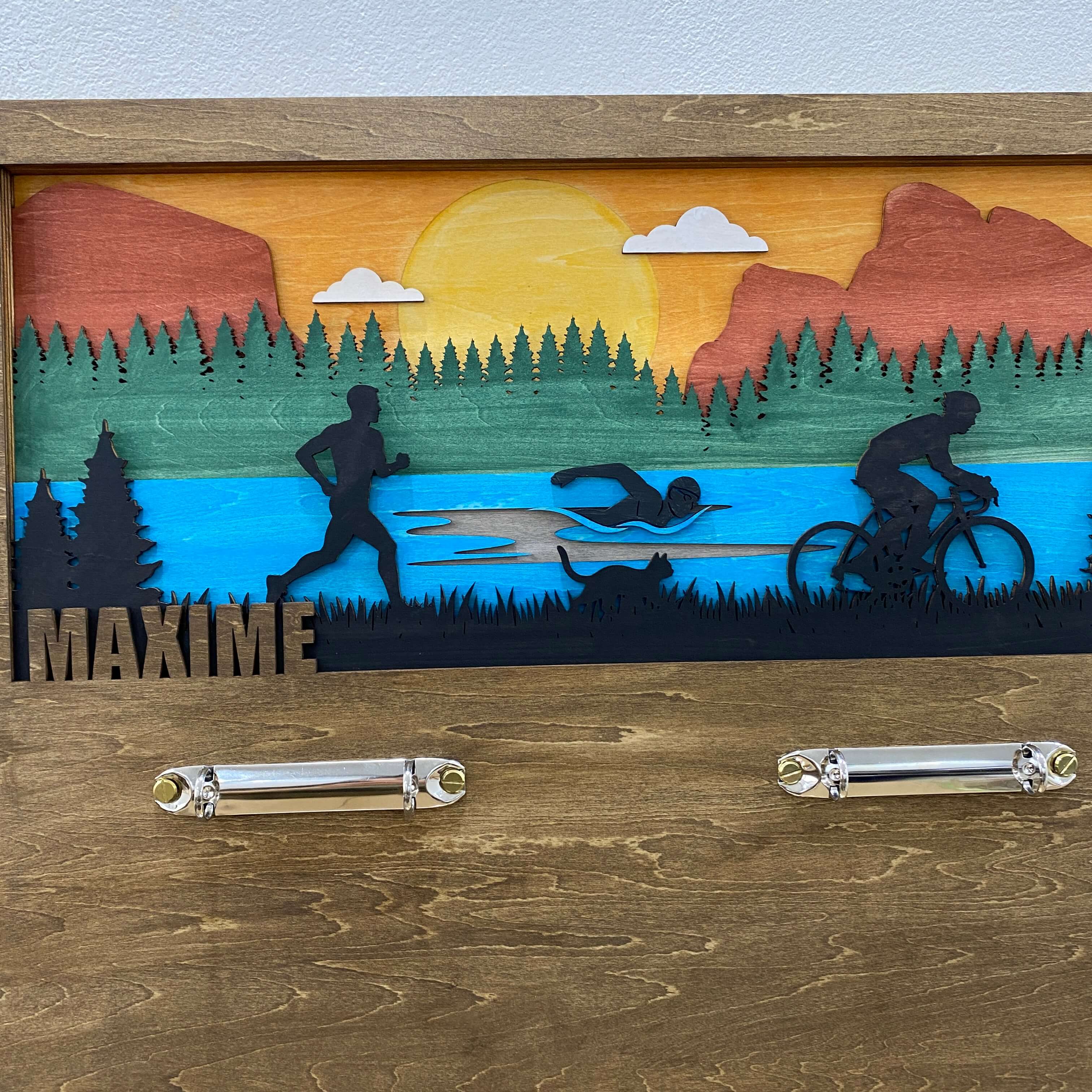 Personalized Wooden Triathlon Medal Hanger with Custom Name | Swim Bike Run Medal Display | Championhanger
