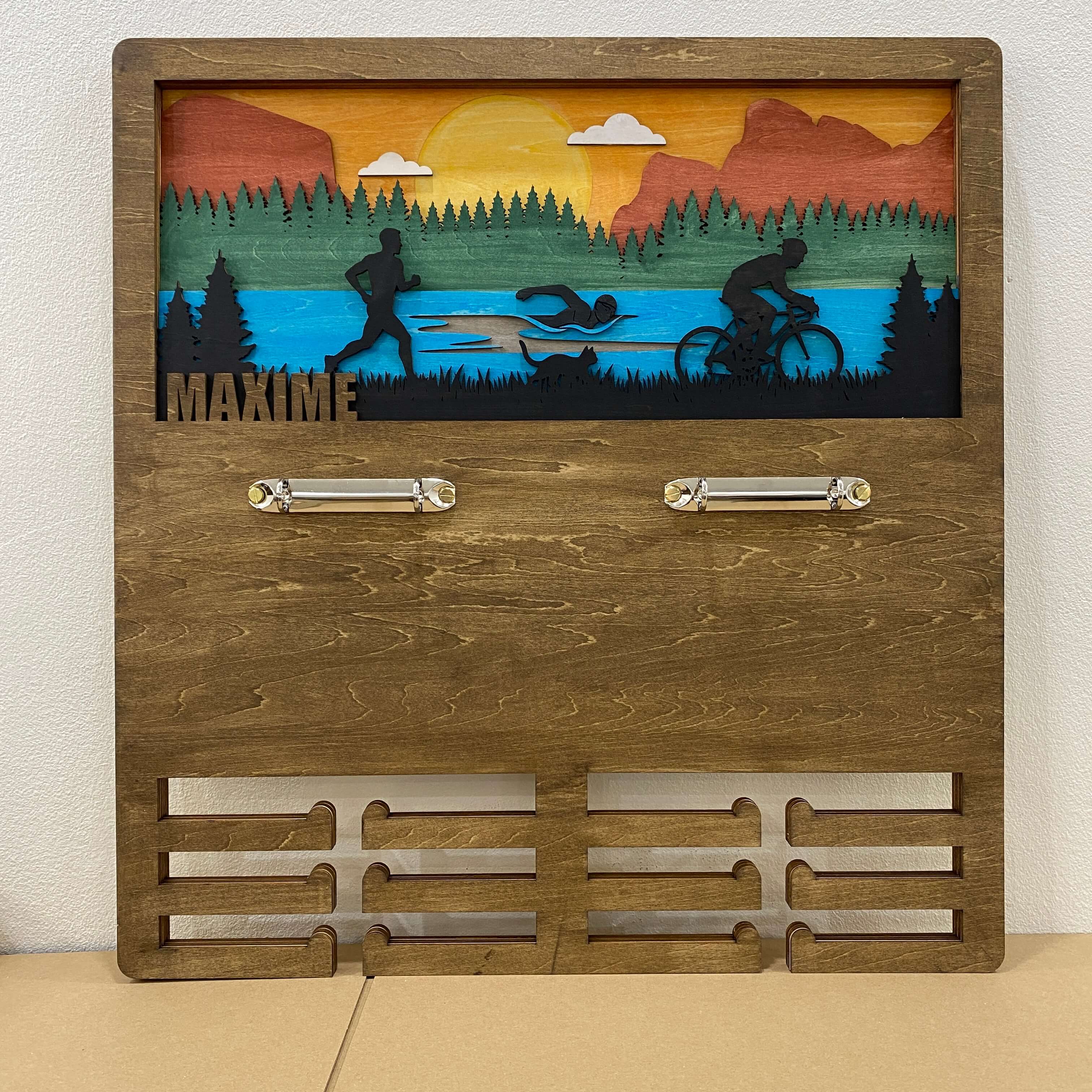 Personalized Wooden Triathlon Medal Hanger with Custom Name | Swim Bike Run Medal Display | Championhanger