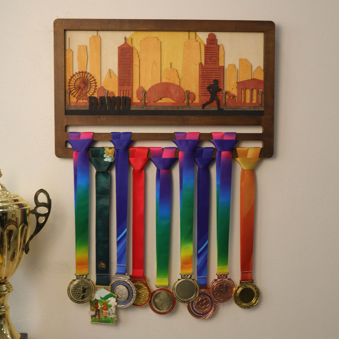 Custom Wooden Medal Hanger – Chicago Running Wall Display Rack for Running, Swimming, and Sports Awards - Champion Hanger