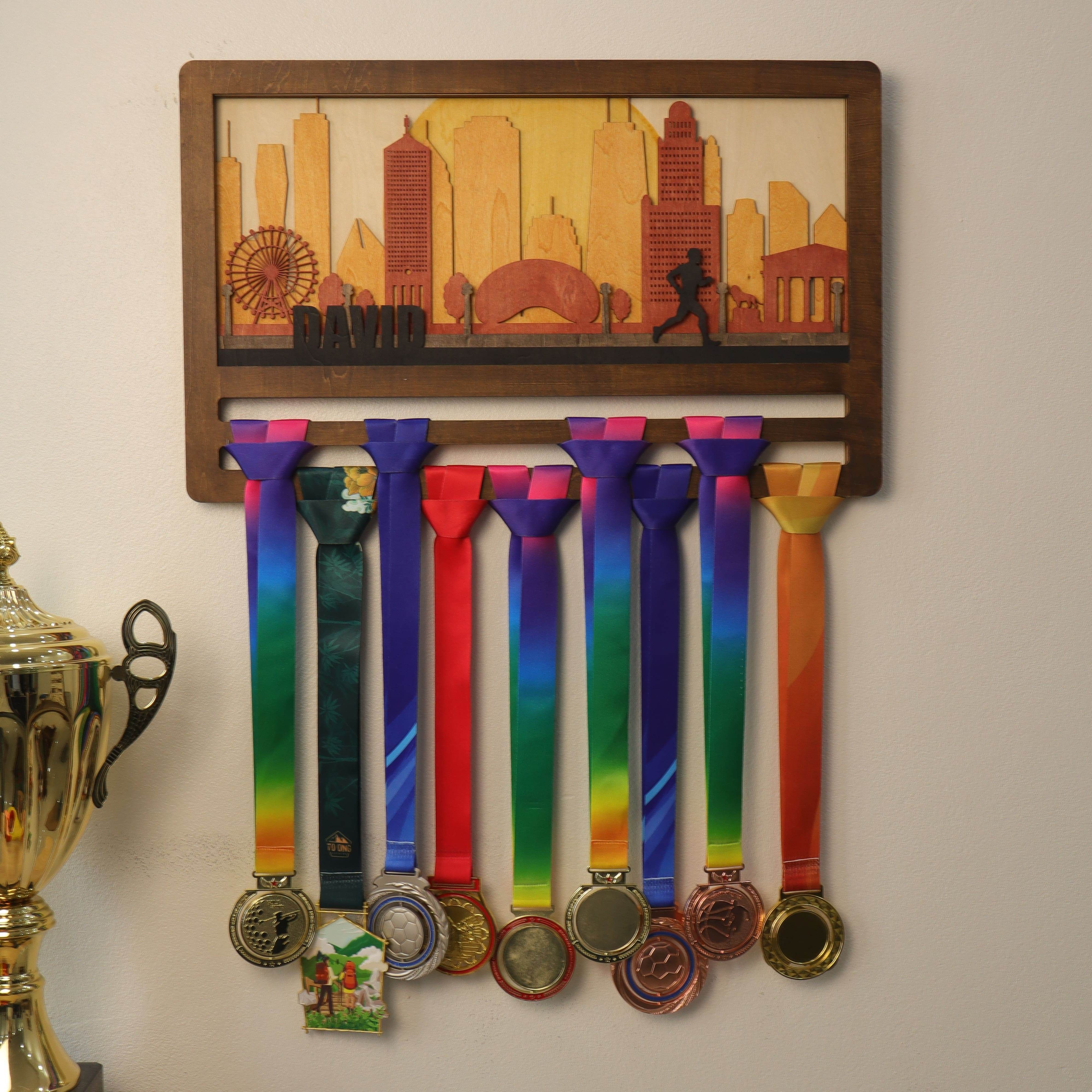 Custom Wooden Medal Hanger – Chicago Running Wall Display Rack for Running, Swimming, and Sports Awards - Champion Hanger