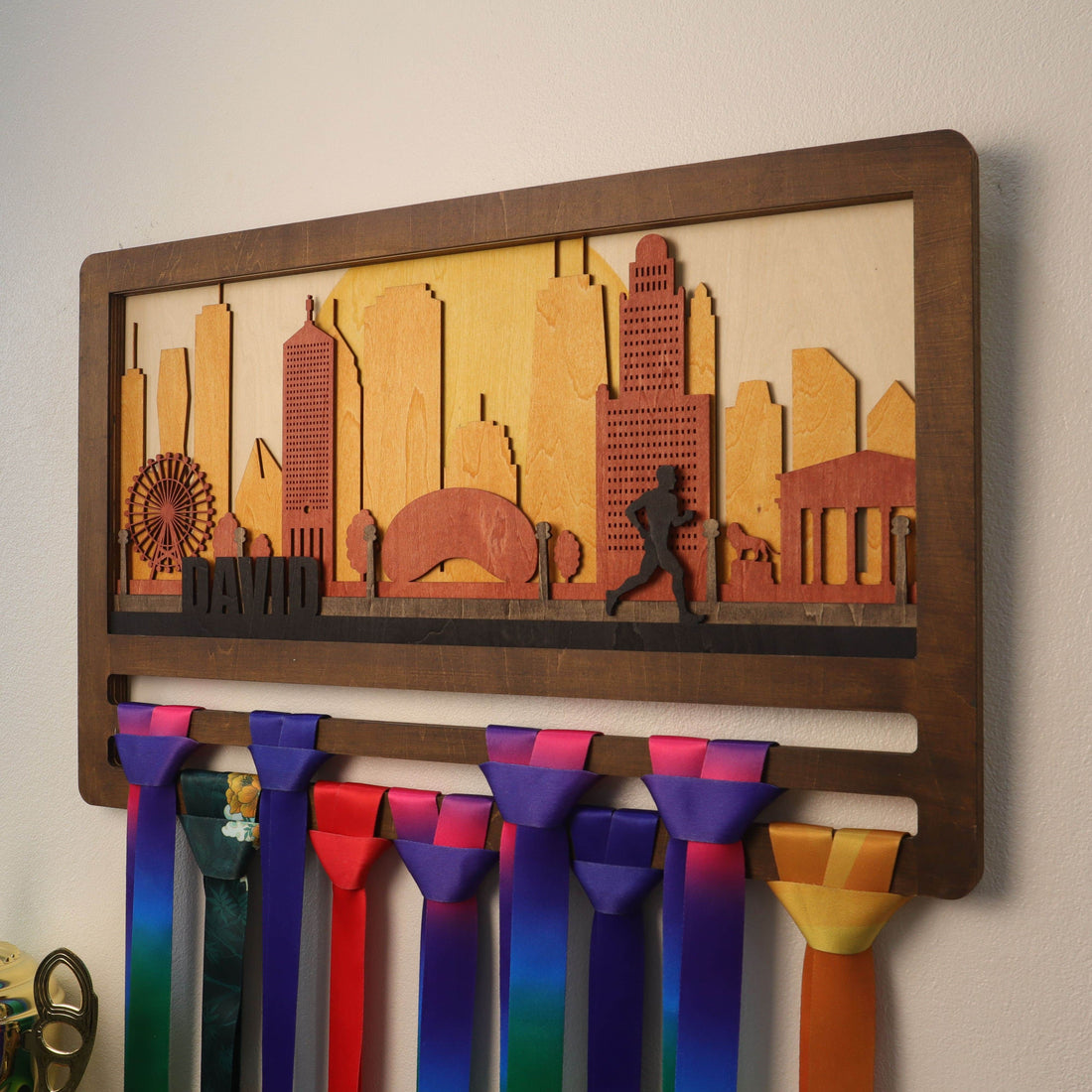 Custom Wooden Medal Hanger – Chicago Running Wall Display Rack for Running, Swimming, and Sports Awards - Champion Hanger