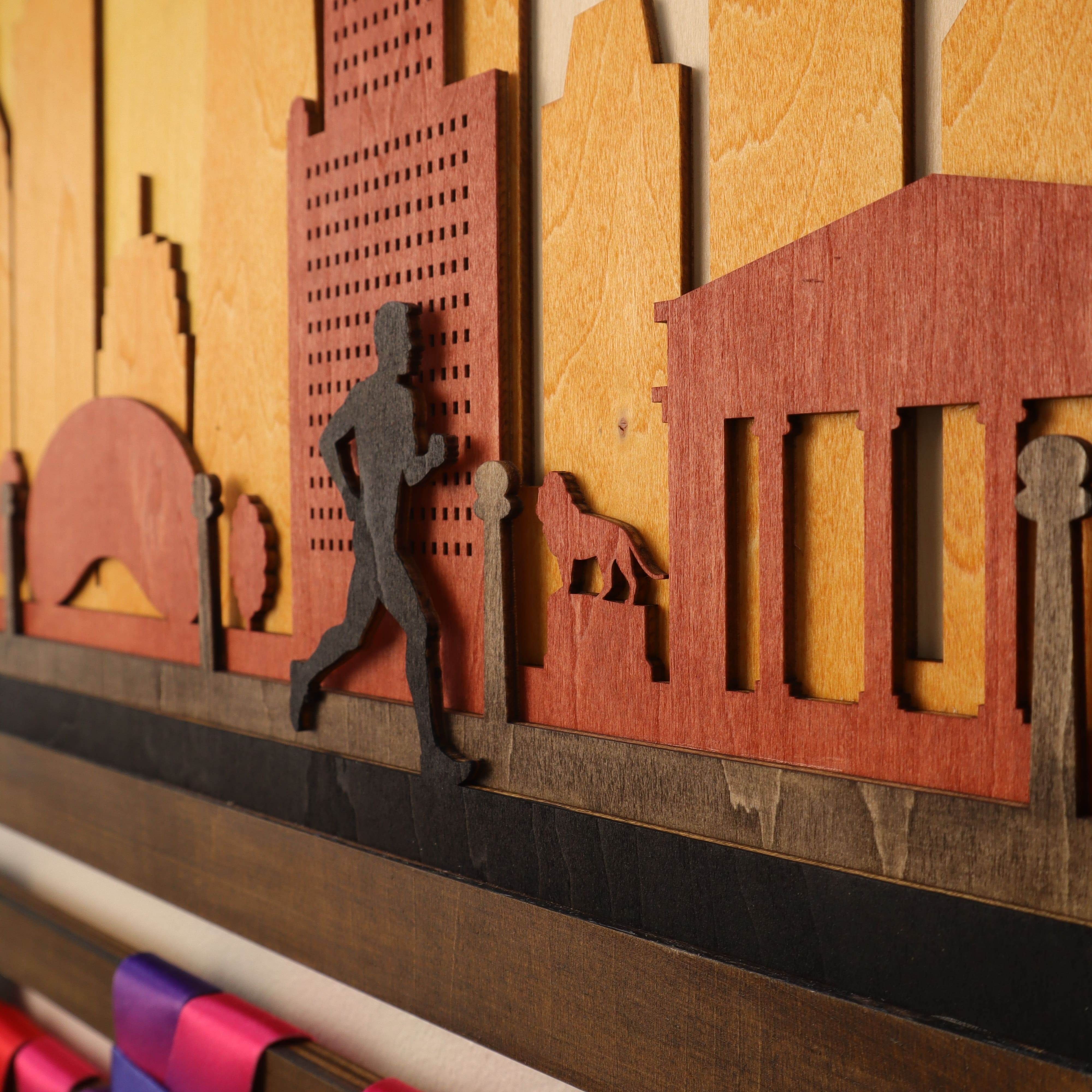Custom Wooden Medal Hanger – Chicago Running Wall Display Rack for Running, Swimming, and Sports Awards - Champion Hanger