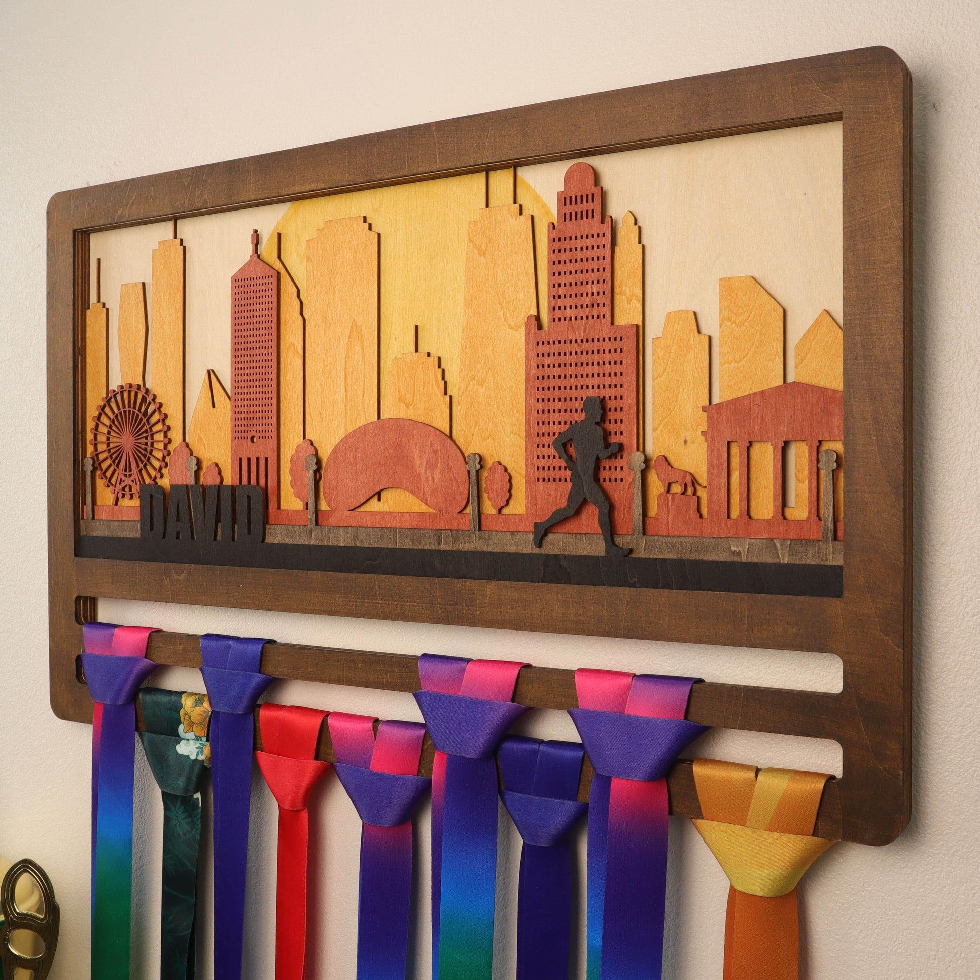Custom Wooden Medal Hanger – Chicago Running Wall Display Rack for Running, Swimming, and Sports Awards - Champion Hanger