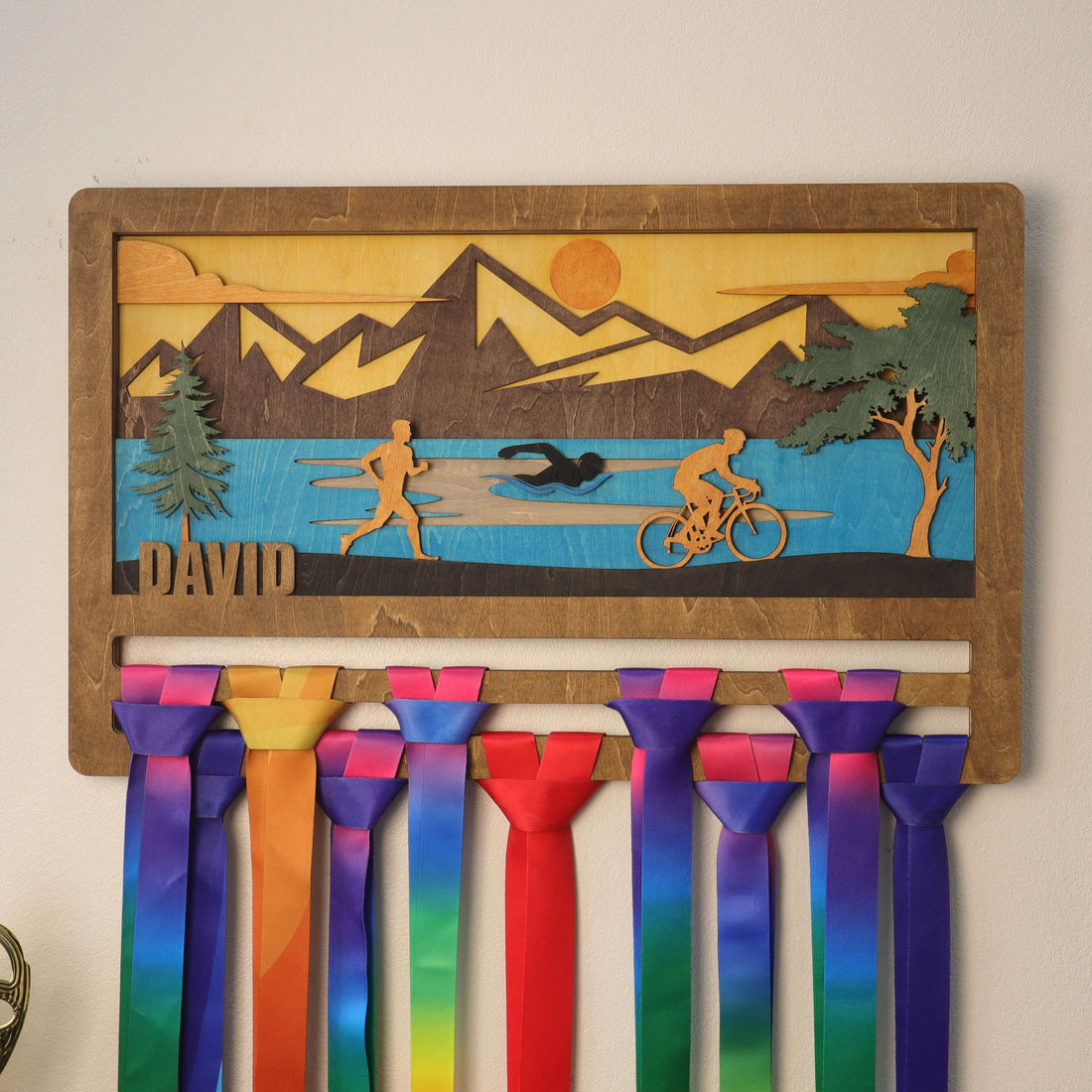 Personalized Wooden Triathlon Medal Hanger with Custom Name | Unique Gifts for Triathletes | Champion Display Rack - Champion Hanger
