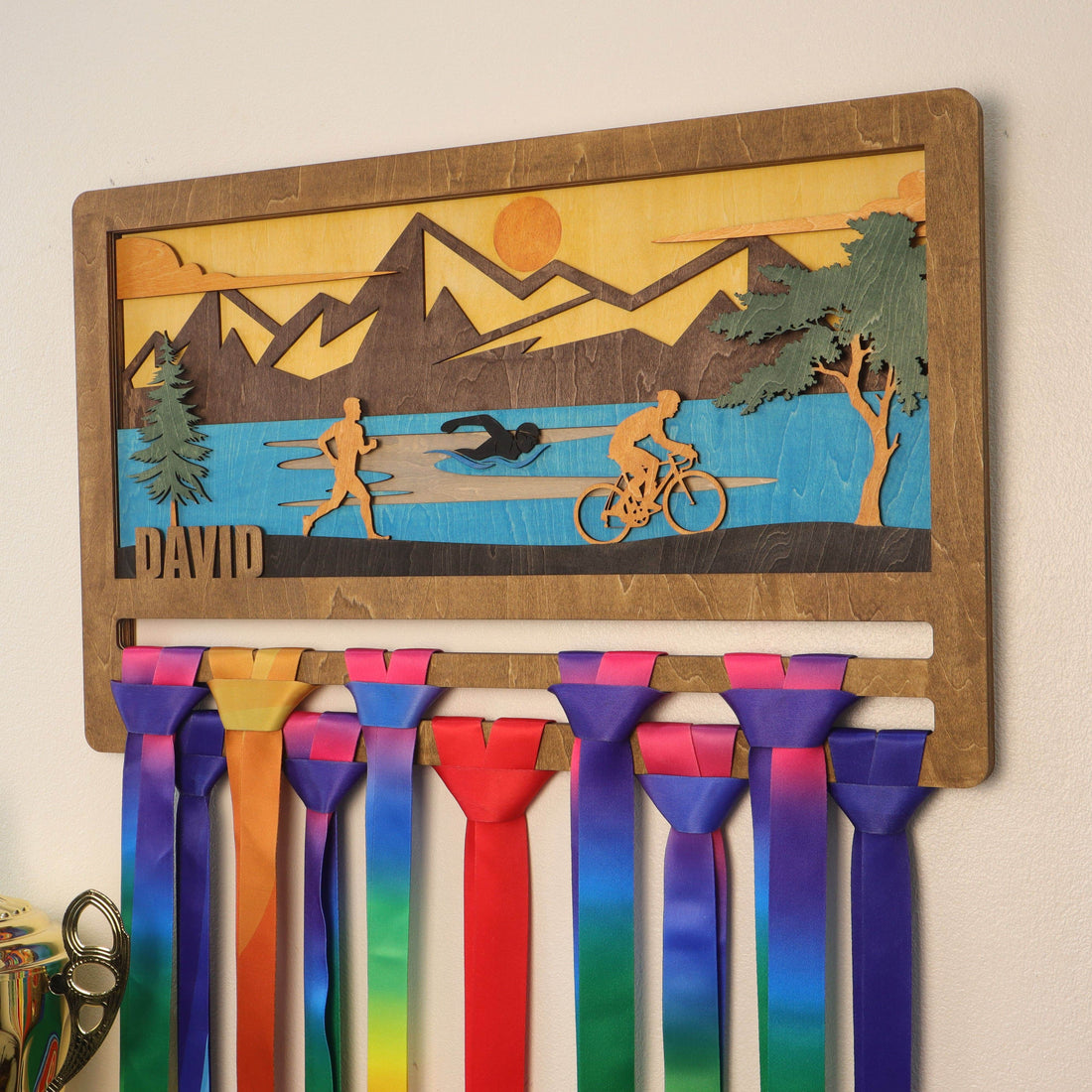 Personalized Wooden Triathlon Medal Hanger with Custom Name | Unique Gifts for Triathletes | Champion Display Rack - Champion Hanger
