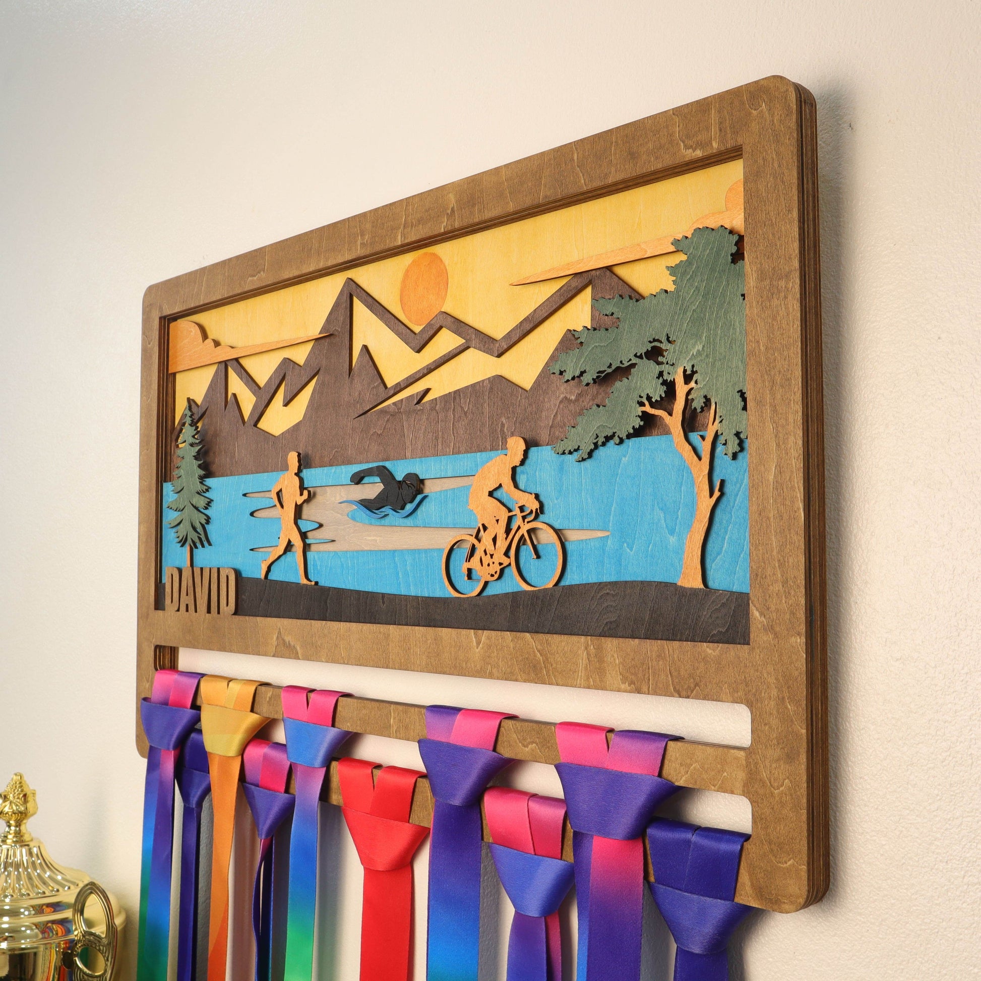 Personalized Wooden Triathlon Medal Hanger with Custom Name | Unique Gifts for Triathletes | Champion Display Rack - Champion Hanger