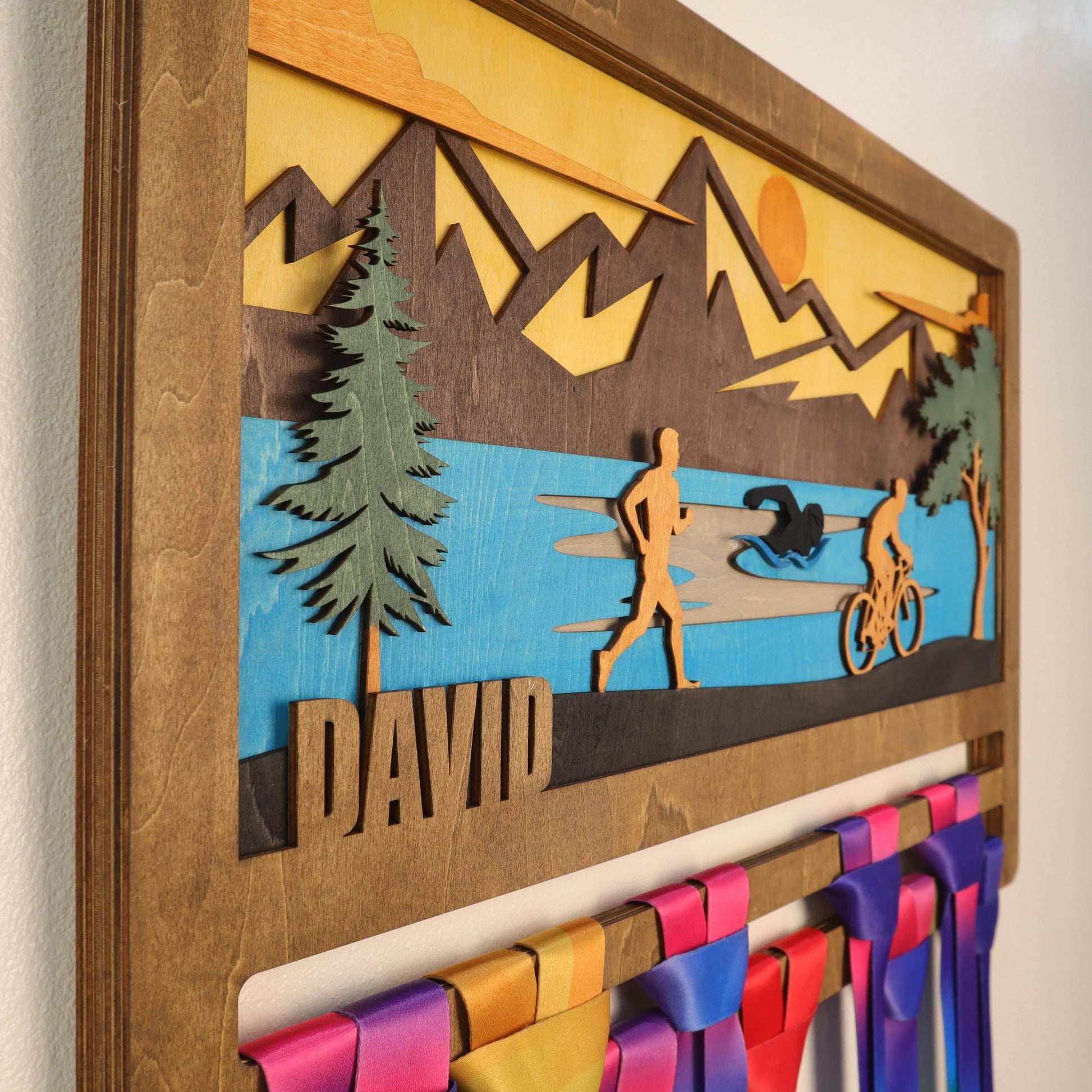 Personalized Wooden Triathlon Medal Hanger with Custom Name | Unique Gifts for Triathletes | Champion Display Rack - Champion Hanger