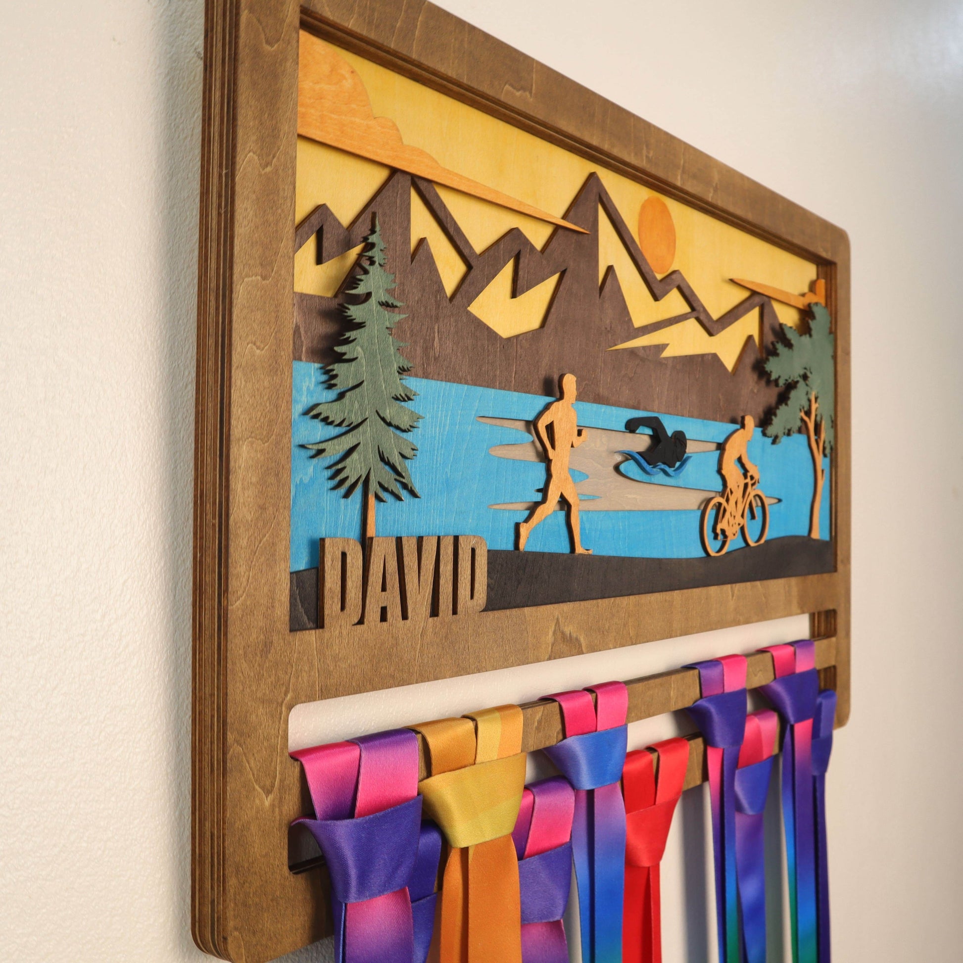 Personalized Wooden Triathlon Medal Hanger with Custom Name | Unique Gifts for Triathletes | Champion Display Rack - Champion Hanger
