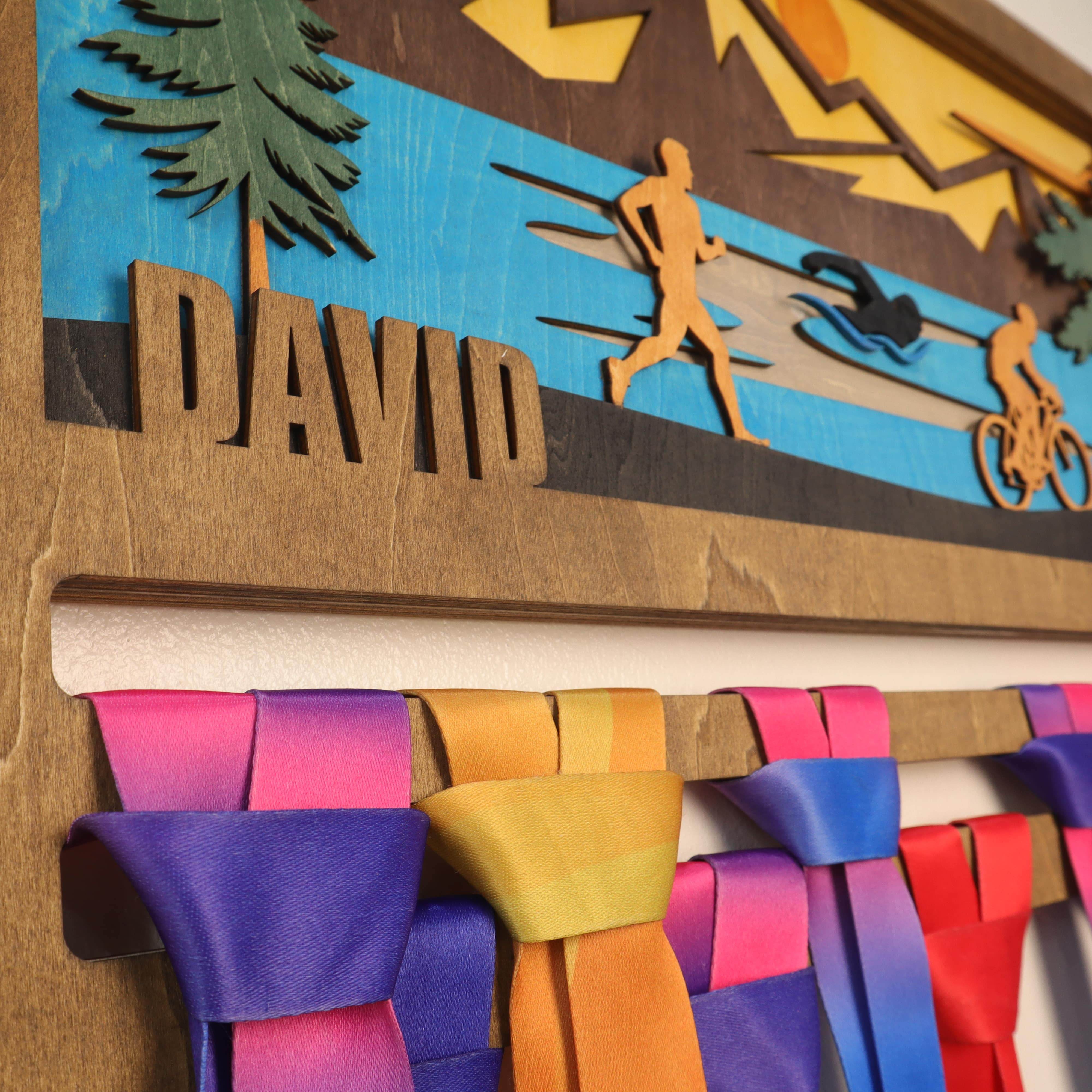 Personalized Wooden Triathlon Medal Hanger with Custom Name | Unique Gifts for Triathletes | Champion Display Rack - Champion Hanger