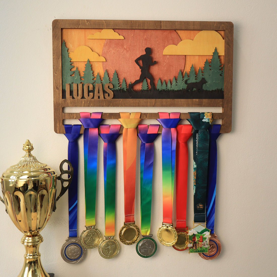 Personalized Wooden Medal Hanger for Running, Cycling & Hiking | Custom Name Medal Display Rack | Gift for Athletes - Champion Hanger
