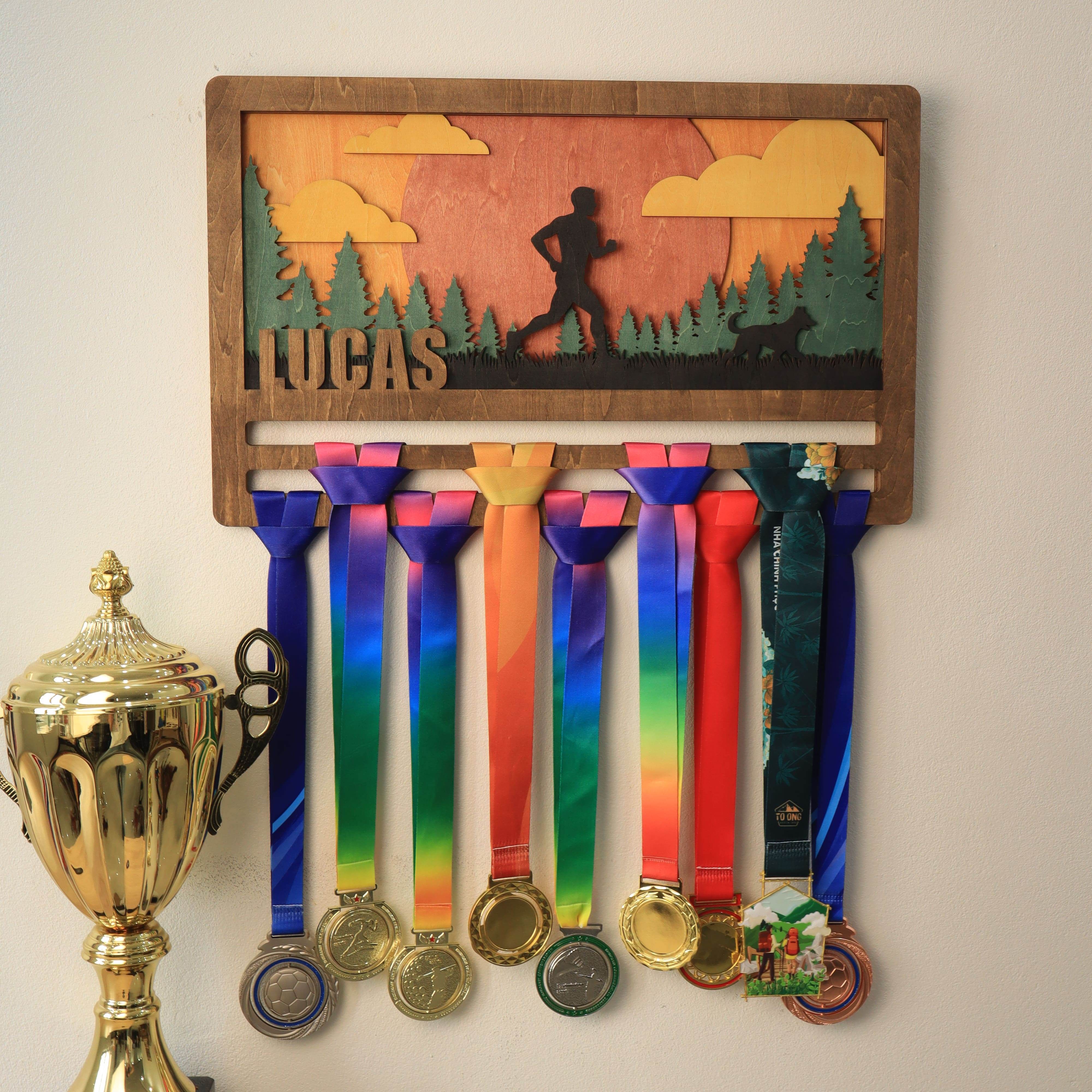 Personalized Wooden Medal Hanger for Running, Cycling & Hiking | Custom Name Medal Display Rack | Gift for Athletes - Champion Hanger