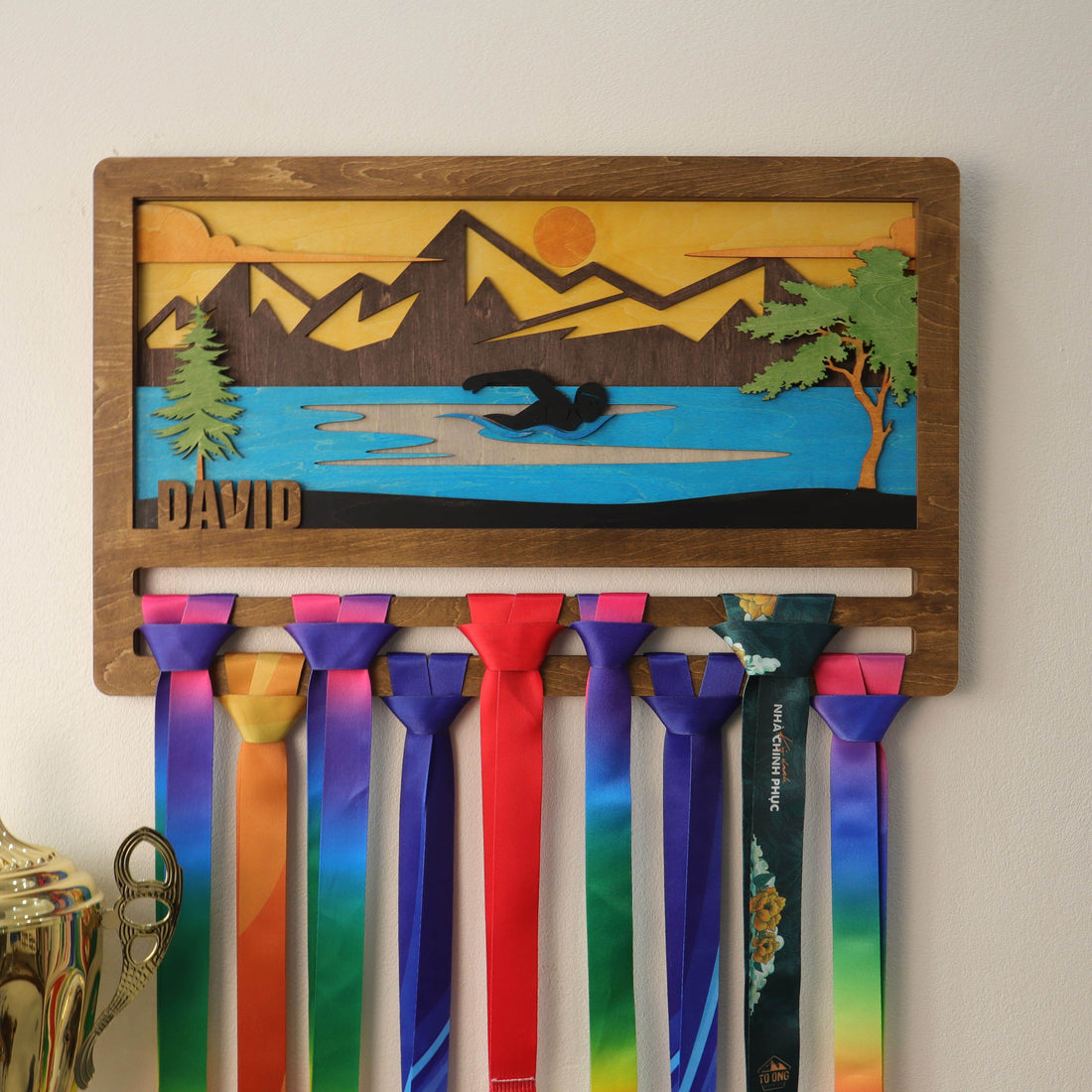 Personalized Wooden Swimming Medal Hanger with Custom Name | Swim Medal Display Rack | Gift for Swimmers - Champion Hanger