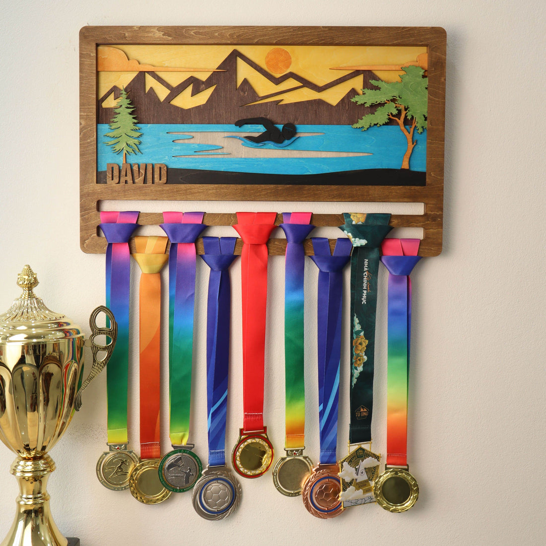 Personalized Wooden Swimming Medal Hanger with Custom Name | Swim Medal Display Rack | Gift for Swimmers - Champion Hanger