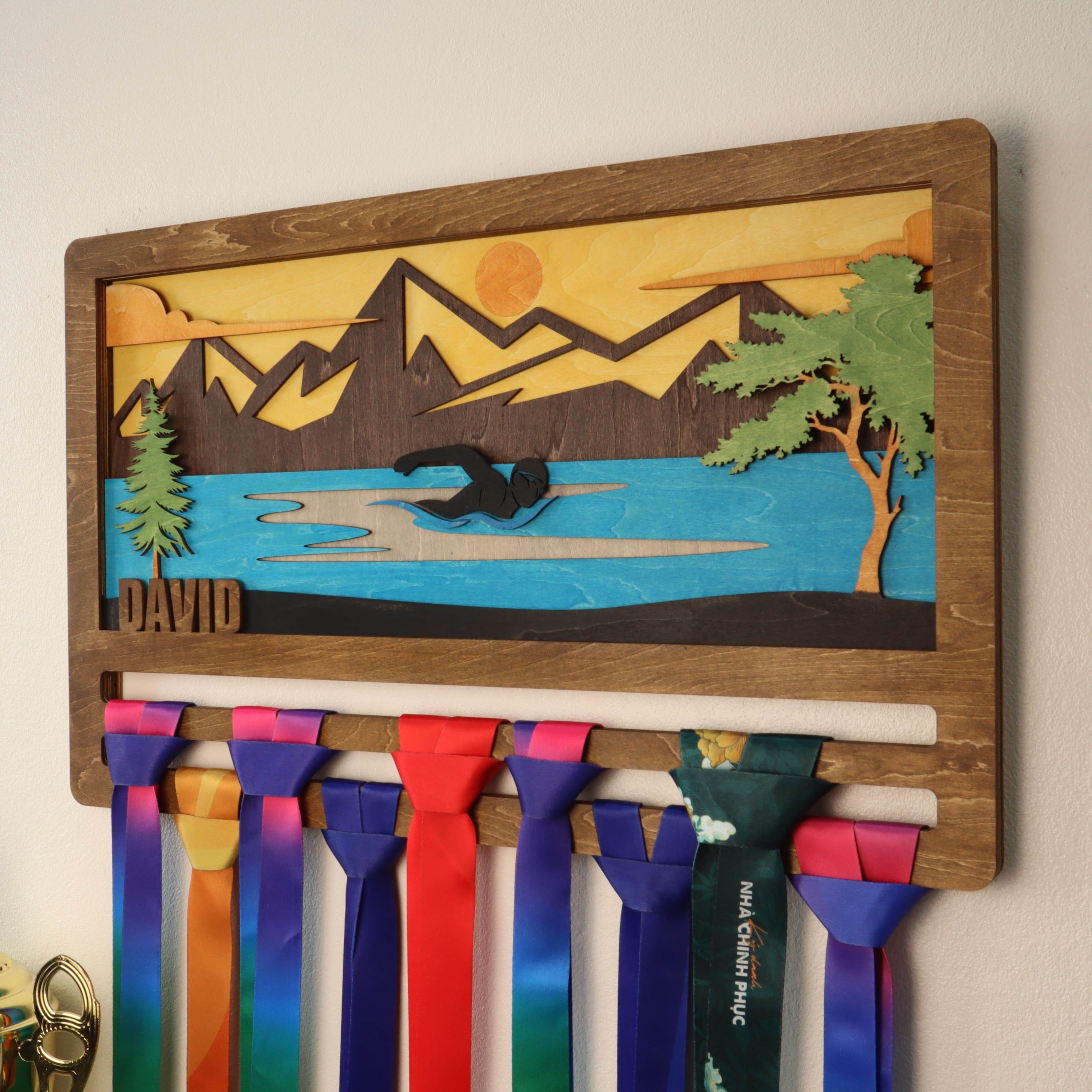 Personalized Wooden Swimming Medal Hanger with Custom Name | Swim Medal Display Rack | Gift for Swimmers - Champion Hanger