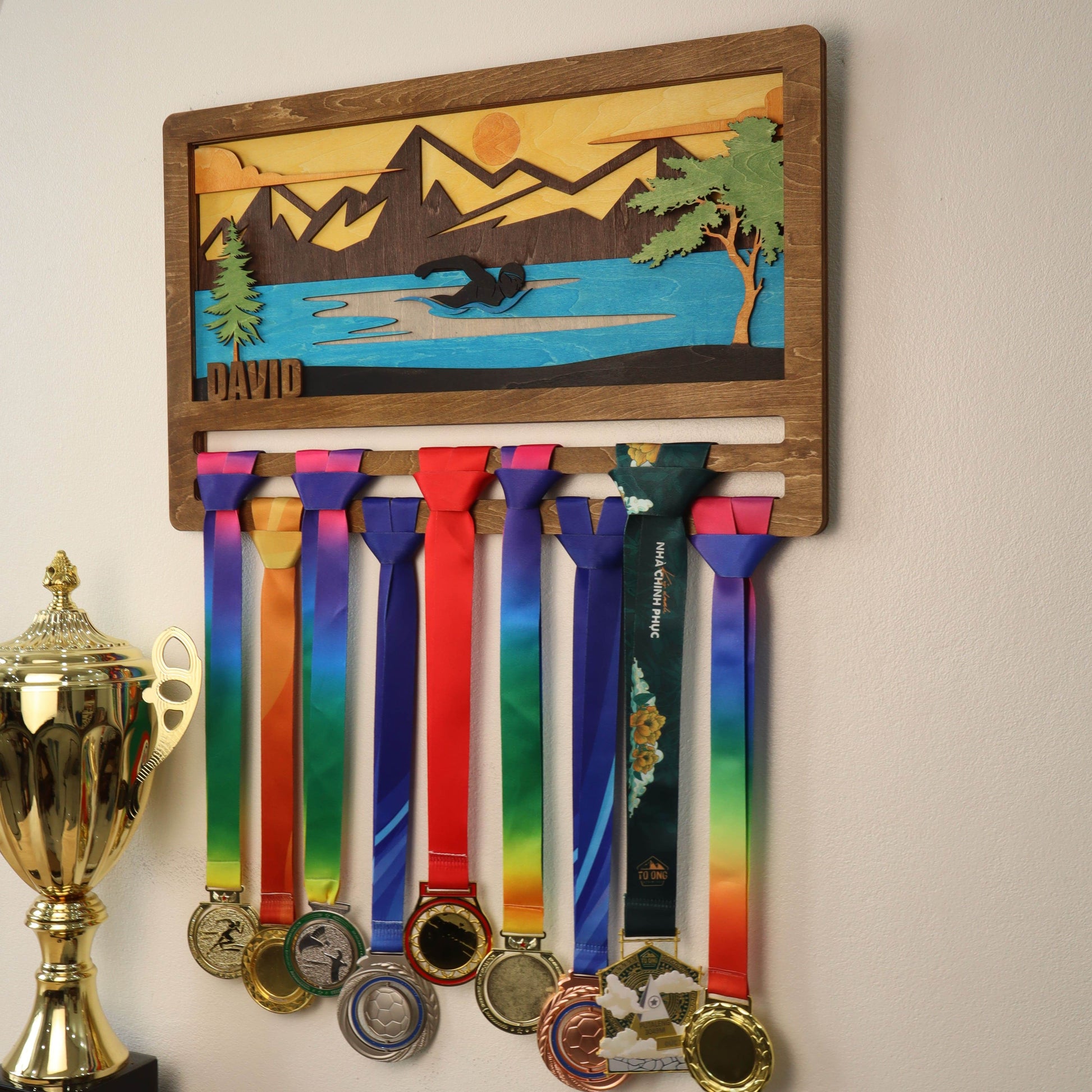 Personalized Wooden Swimming Medal Hanger with Custom Name | Swim Medal Display Rack | Gift for Swimmers - Champion Hanger