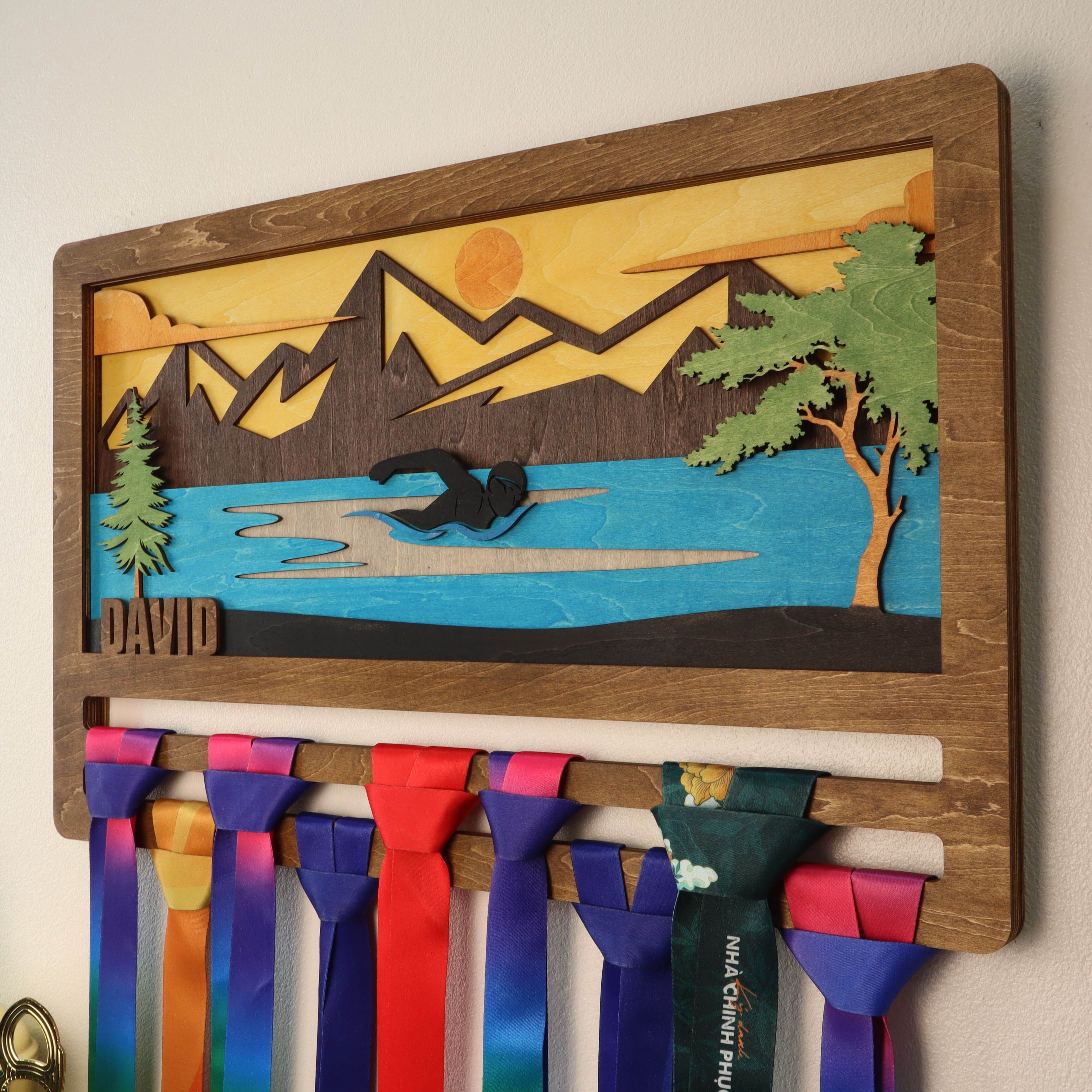 Personalized Wooden Swimming Medal Hanger with Custom Name | Swim Medal Display Rack | Gift for Swimmers - Champion Hanger