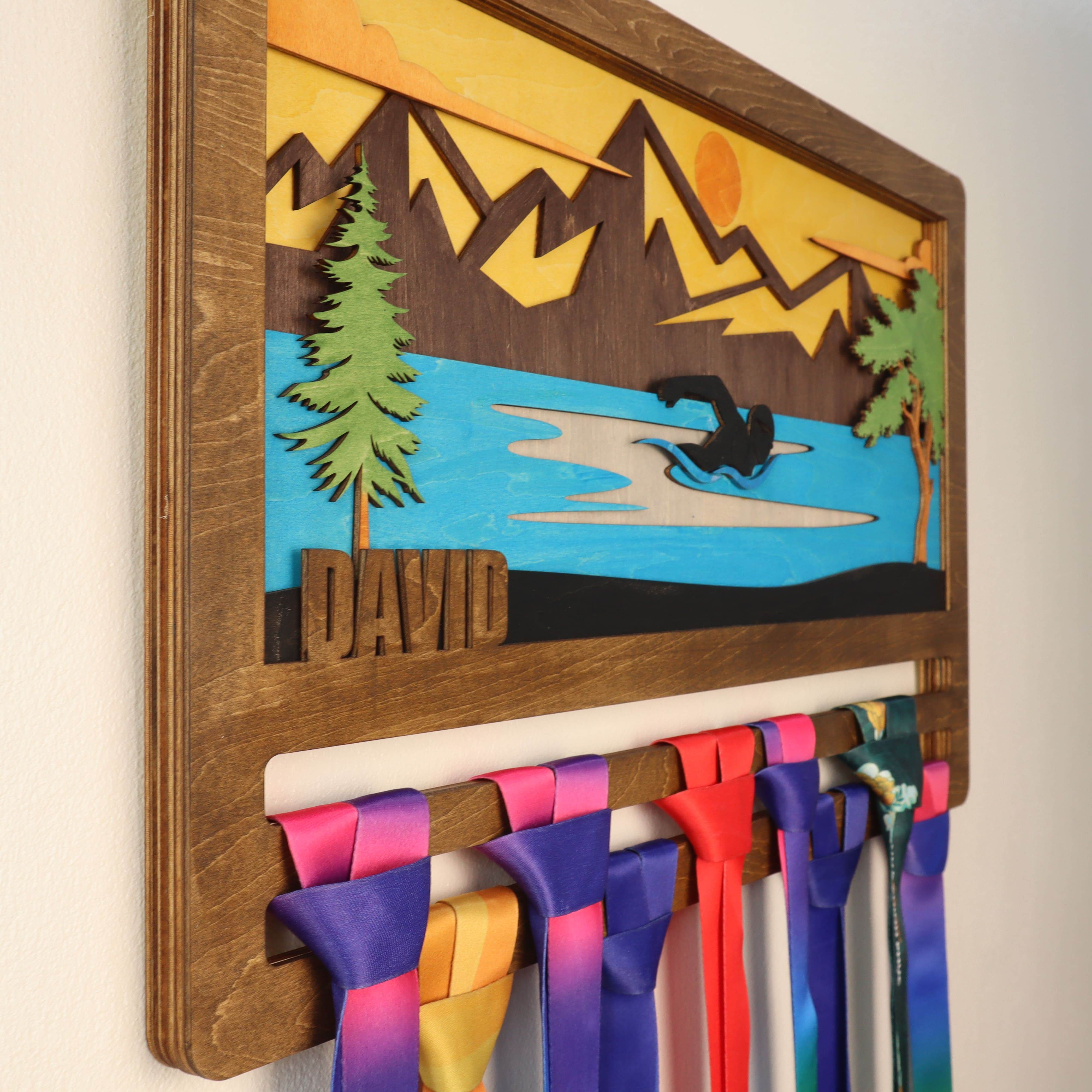 Personalized Wooden Swimming Medal Hanger with Custom Name | Swim Medal Display Rack | Gift for Swimmers - Champion Hanger