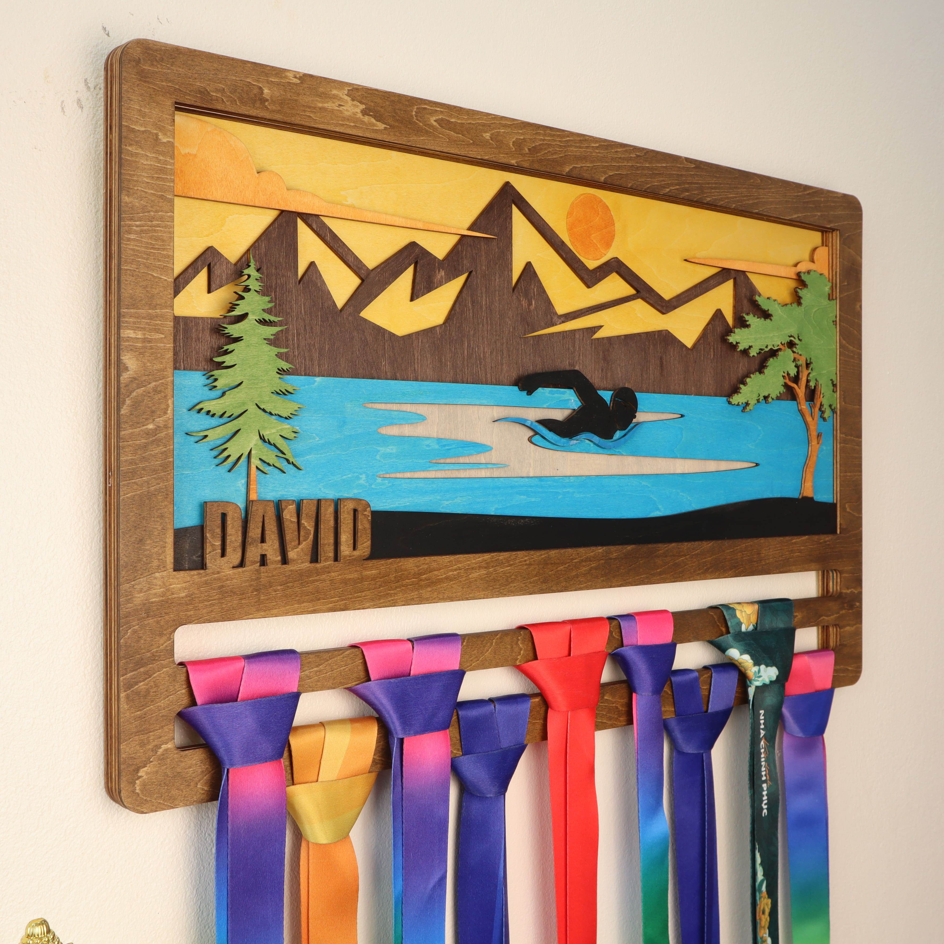 Personalized Wooden Swimming Medal Hanger with Custom Name | Swim Medal Display Rack | Gift for Swimmers - Champion Hanger