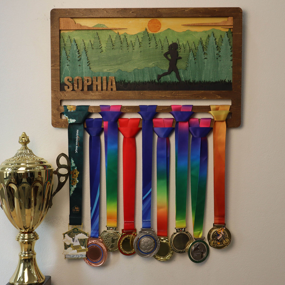 Personalized Wooden Medal Hanger for Running, Cycling & Hiking | Custom Name Medal Display Rack | Gift for Athletes - Champion Hanger